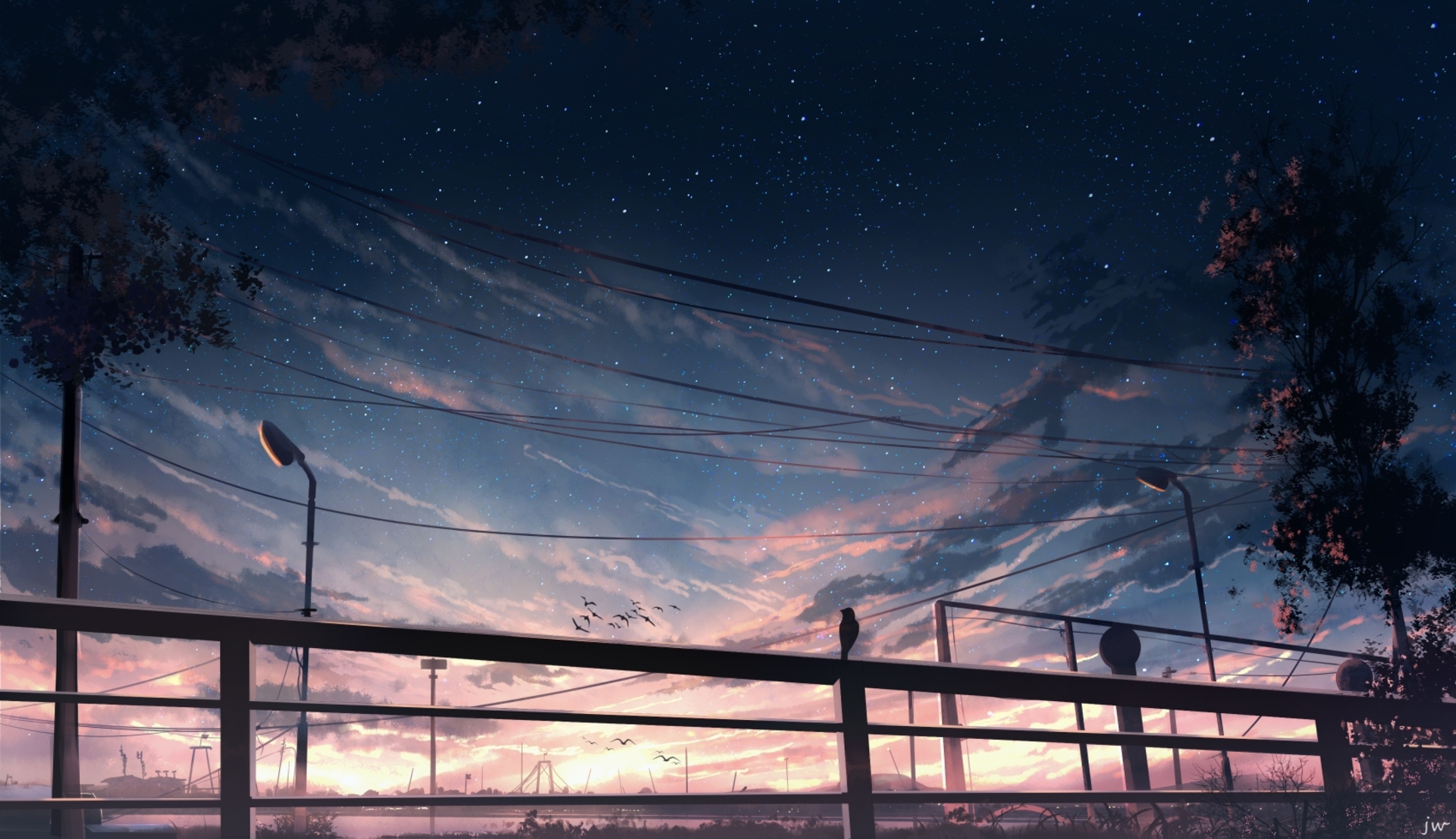 Скачать картинку Аниме, Звездное Небо, Закат Солнца в телефон бесплатно.