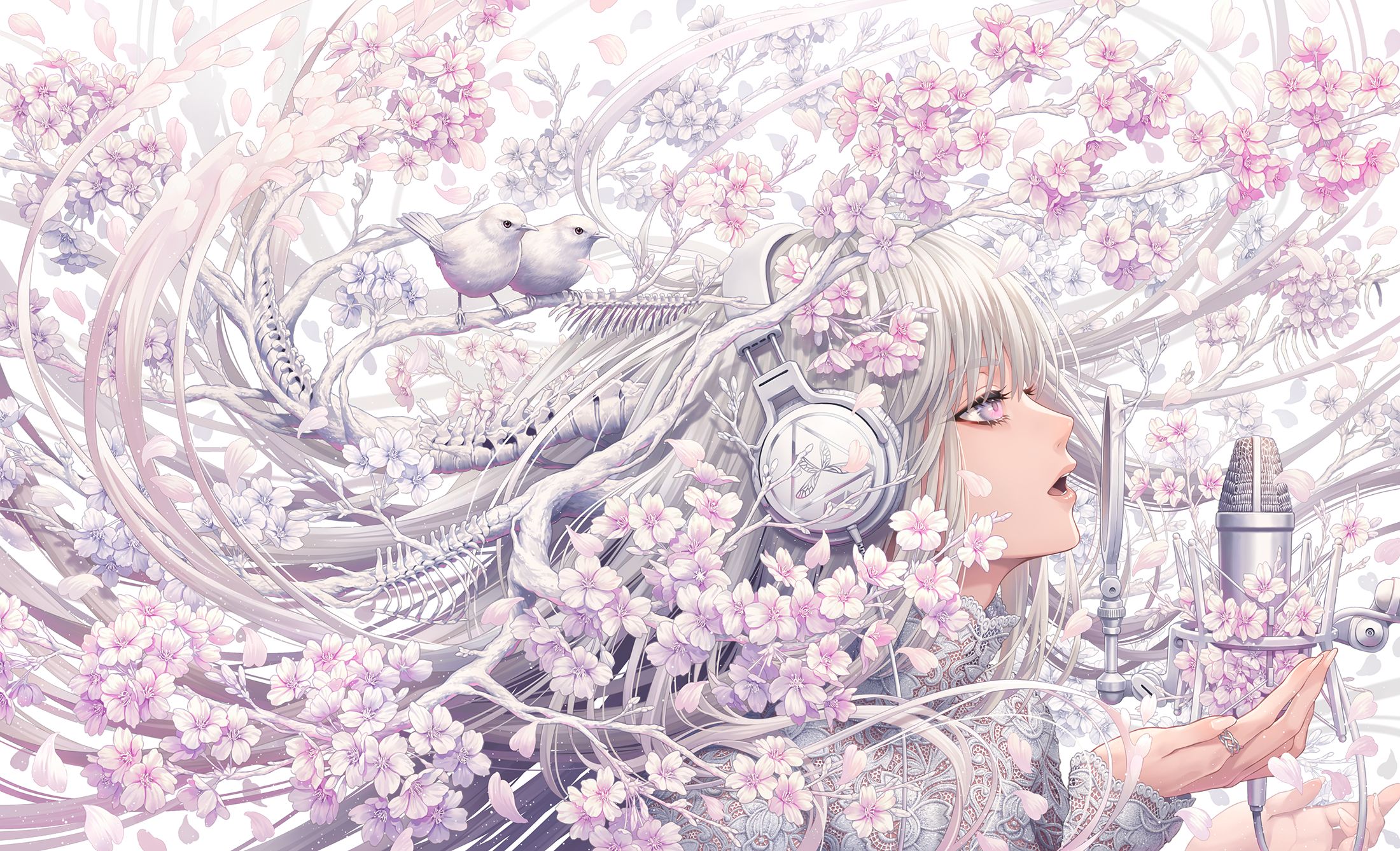 Free download wallpaper Anime, Headphones, Flower, Bird, Girl, Microphone, Long Hair, White Hair on your PC desktop
