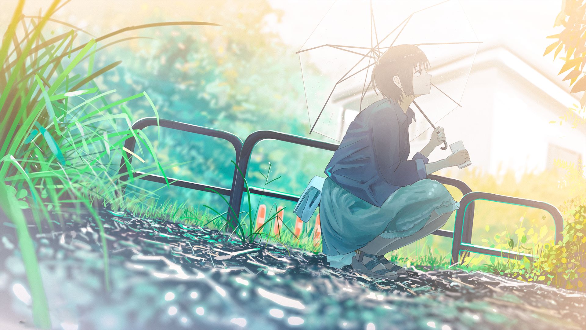 Handy-Wallpaper Regenschirm, Gras, Original, Animes, Schwarzes Haar kostenlos herunterladen.