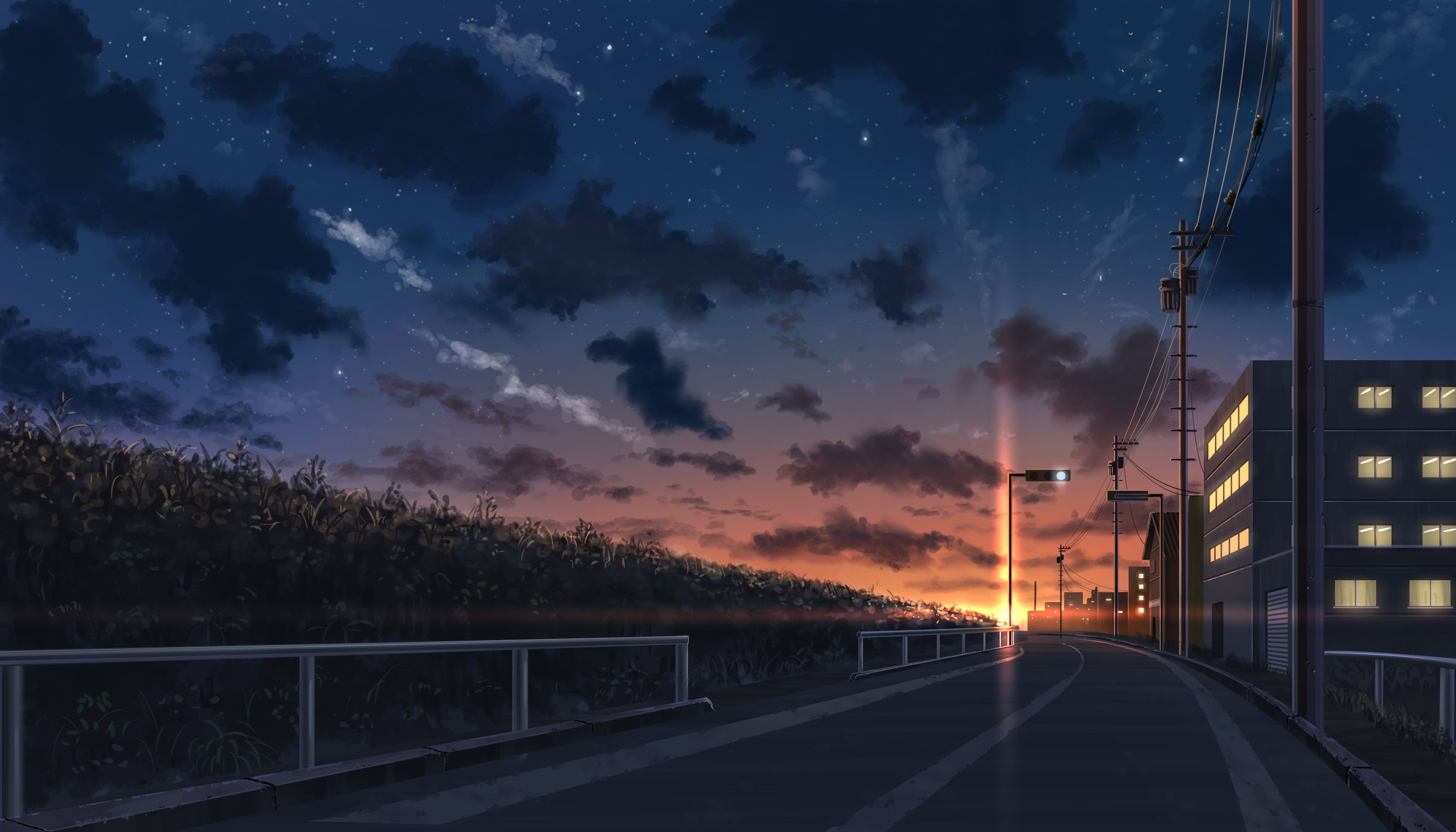 Handy-Wallpaper Himmel, Sonnenuntergang, Animes, Innerortsstraße, Sternenklarer Himmel kostenlos herunterladen.
