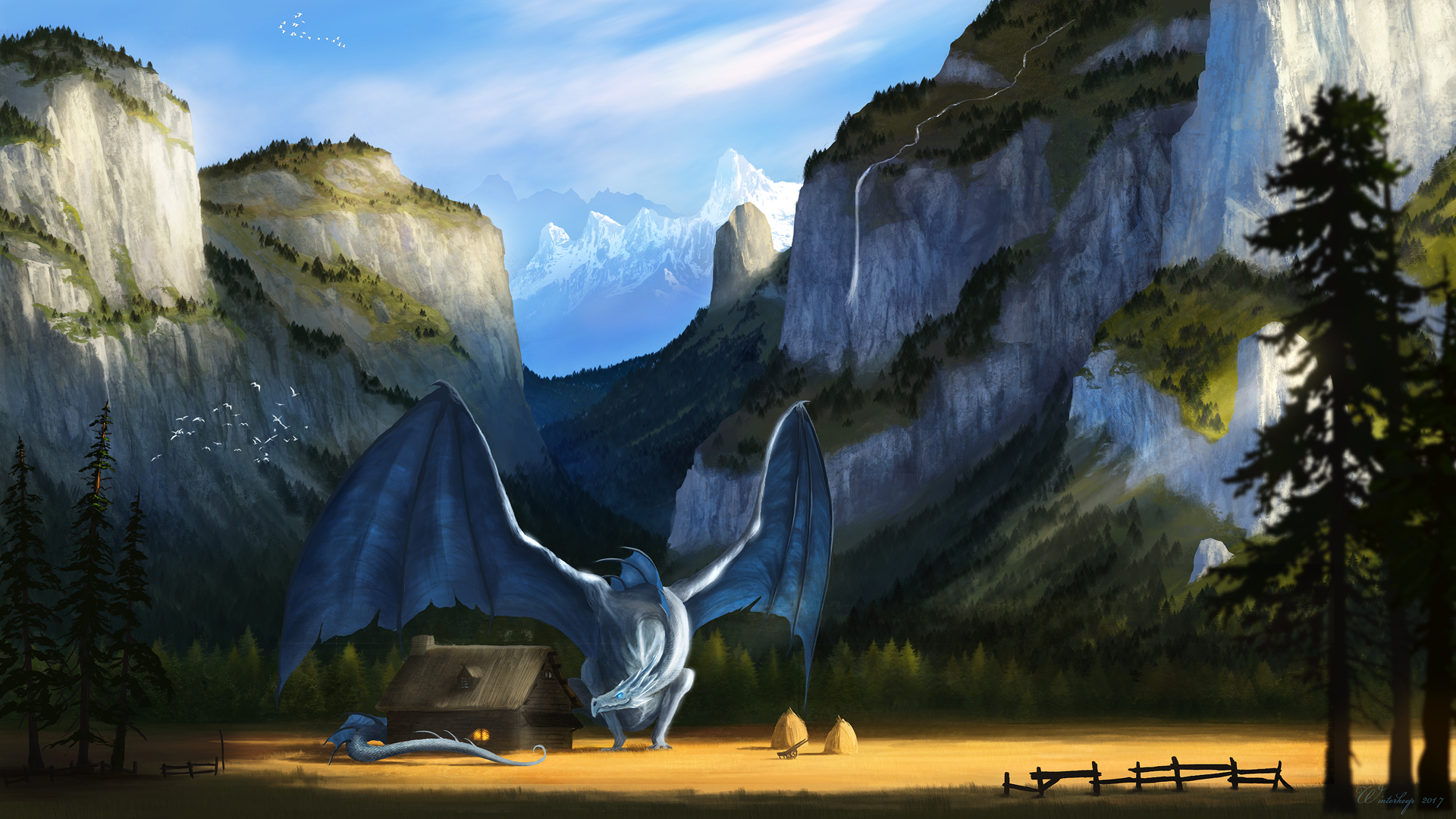 Download mobile wallpaper Fantasy, Mountain, House, Field, Dragon for free.