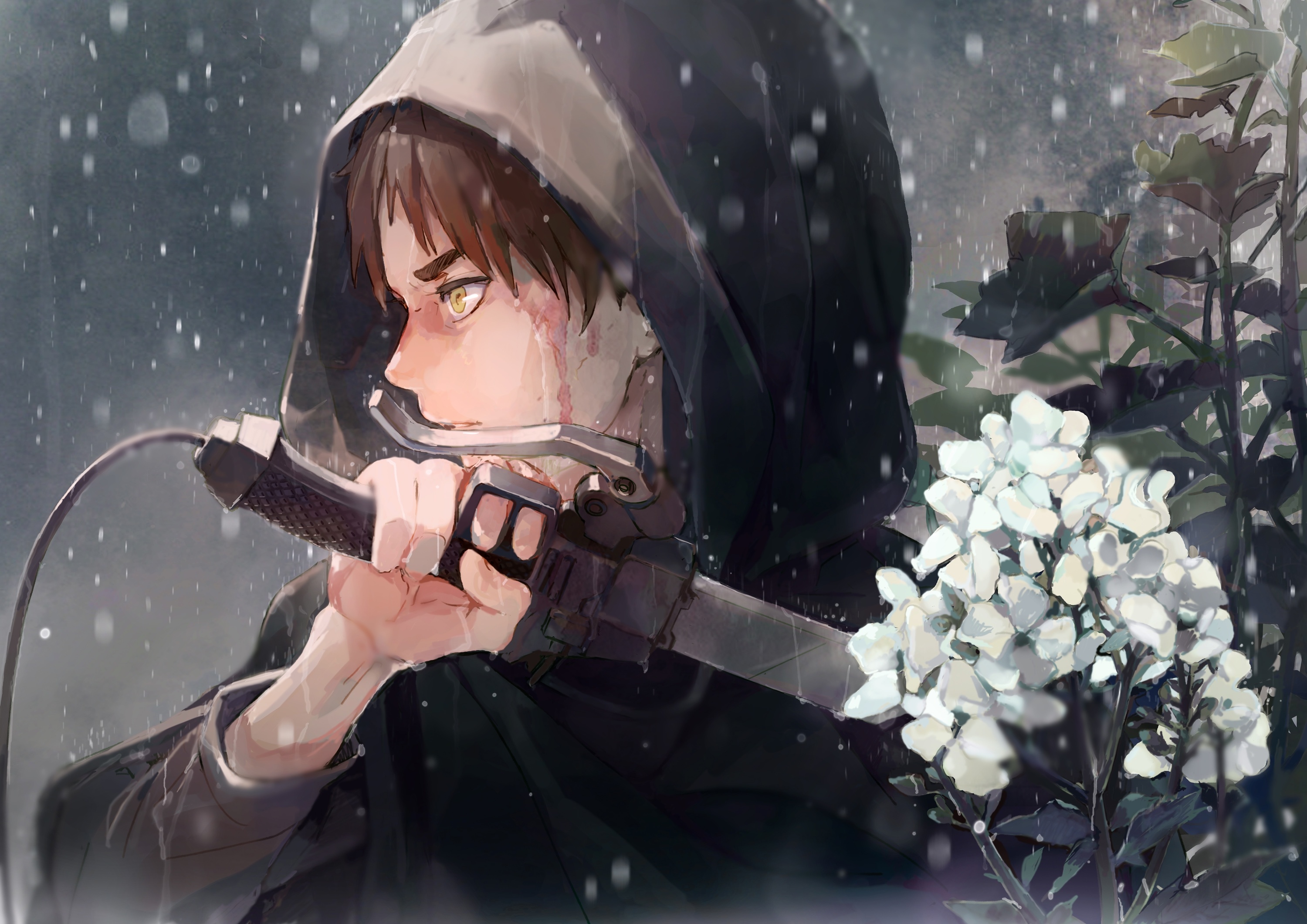 Download mobile wallpaper Anime, Flower, Snowfall, Sword, Eren Yeager, Attack On Titan for free.