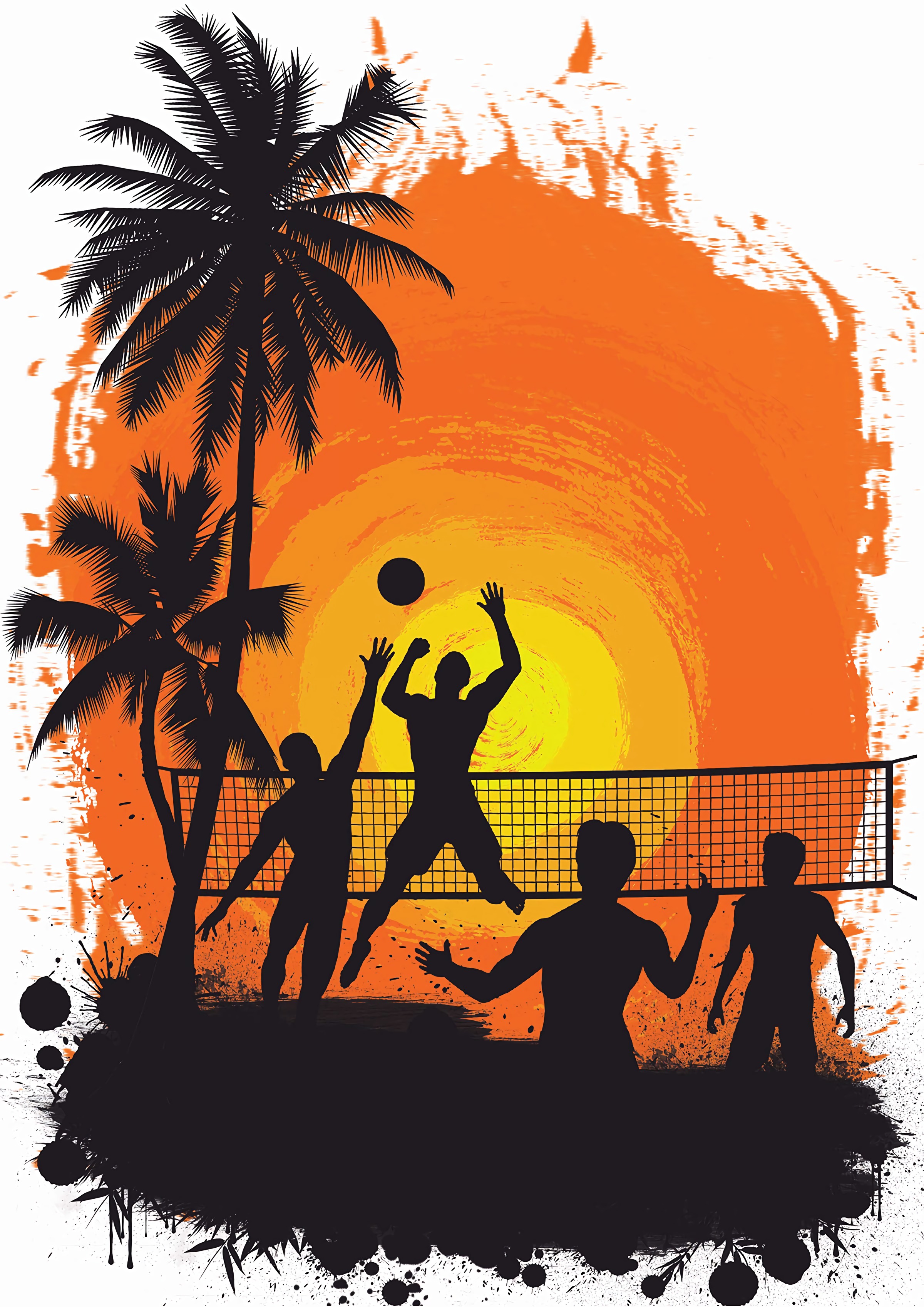 art, volleyball, sun, palms, silhouettes