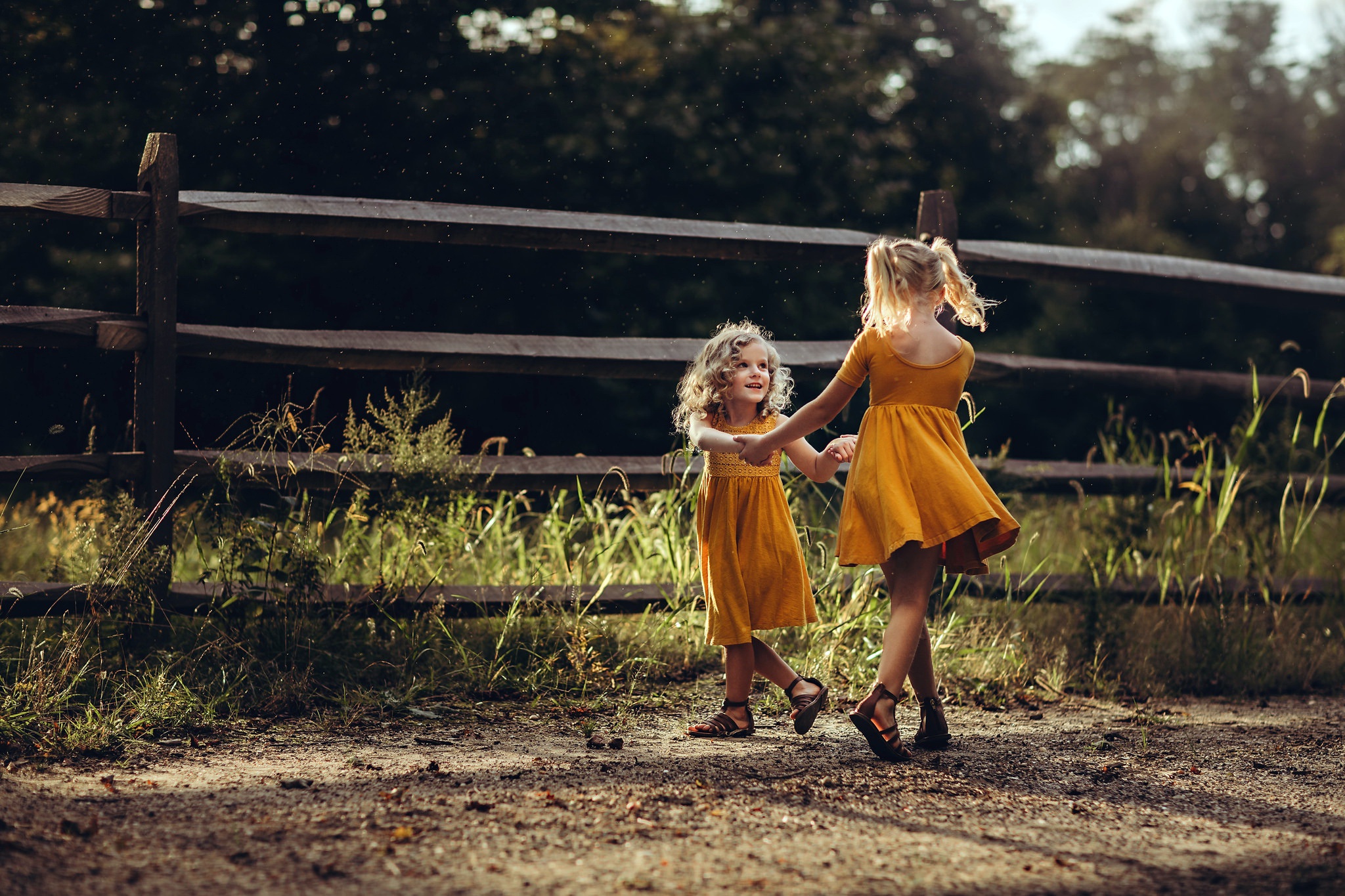 photography, child, blonde, friend, little girl, orange dress