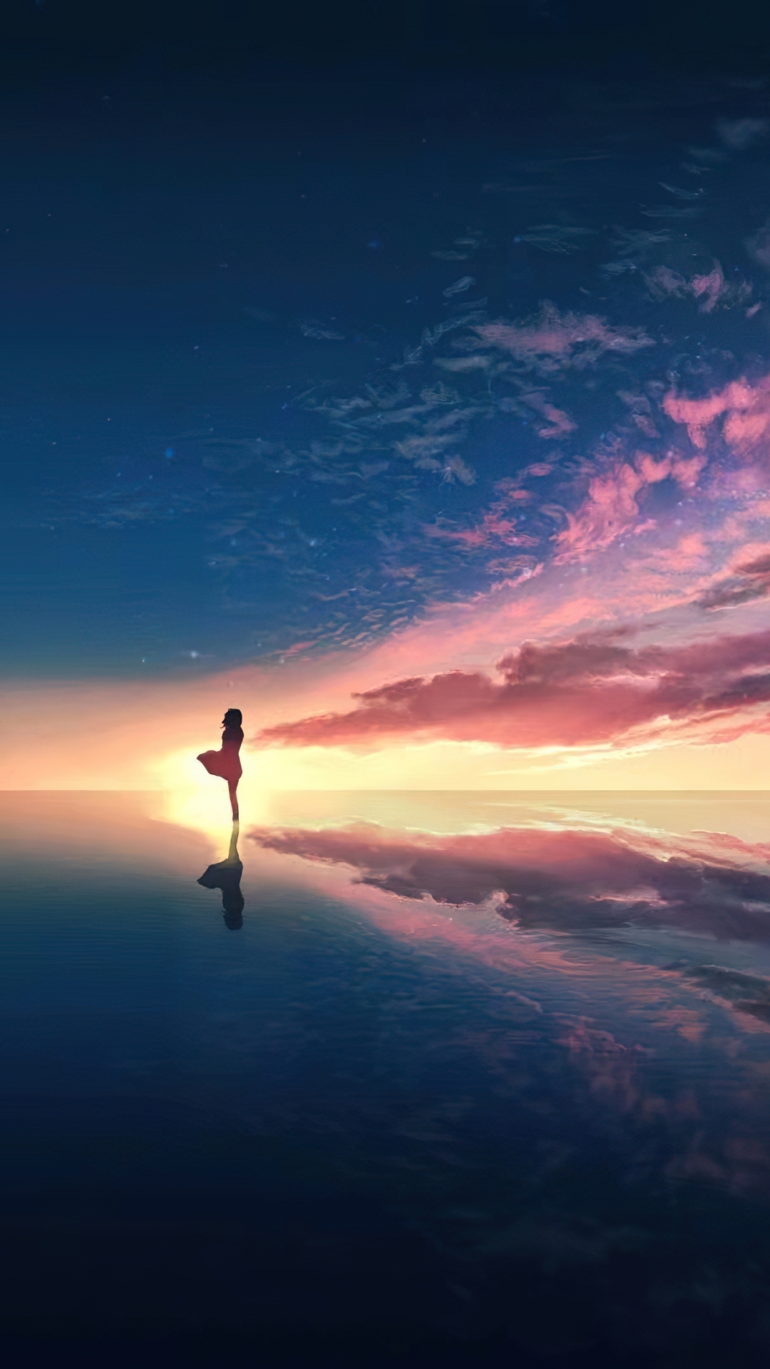 Download mobile wallpaper Anime, Sunset, Horizon, Reflection for free.