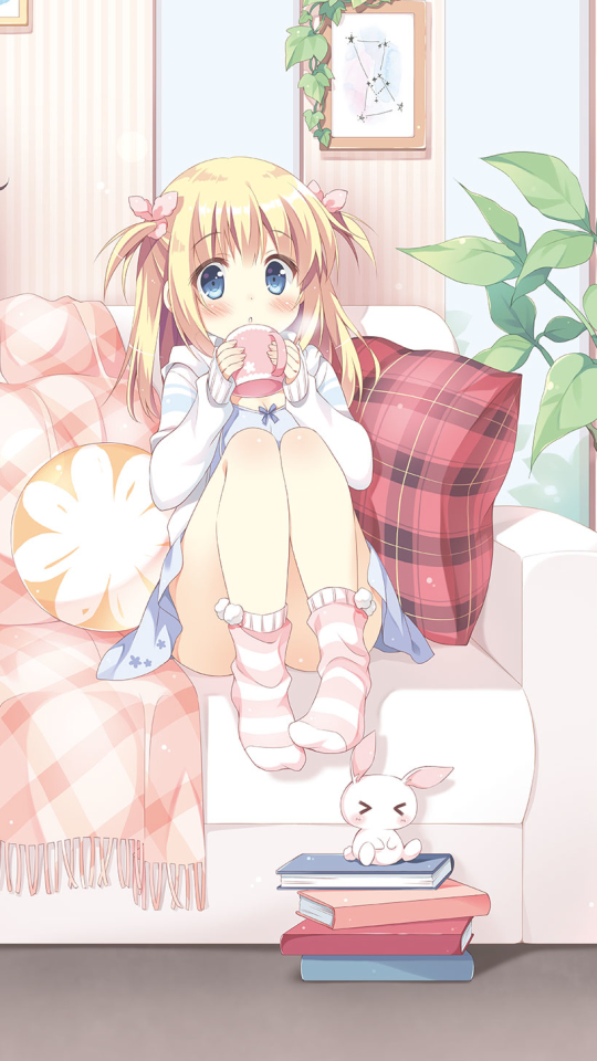 Download mobile wallpaper Anime, Cup, Book, Blonde, Dress, Socks, Blue Eyes, Original, Blush, Stuffed Animal for free.