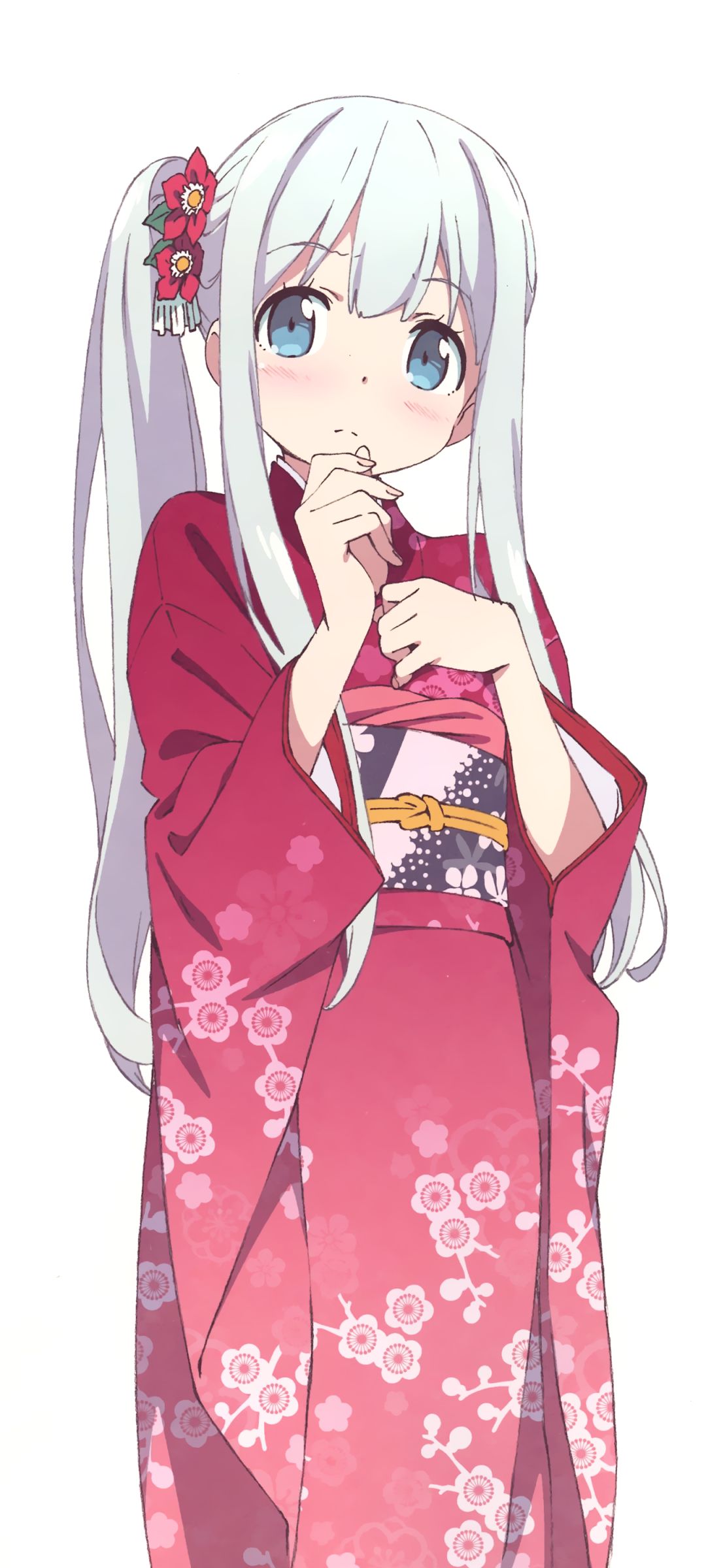 Téléchargez des papiers peints mobile Kimono, Yeux Bleus, Animé, Rougir, Cheveux Longs, Cheveux Blancs, Eromanga Sensei, Sagiri Izumi gratuitement.