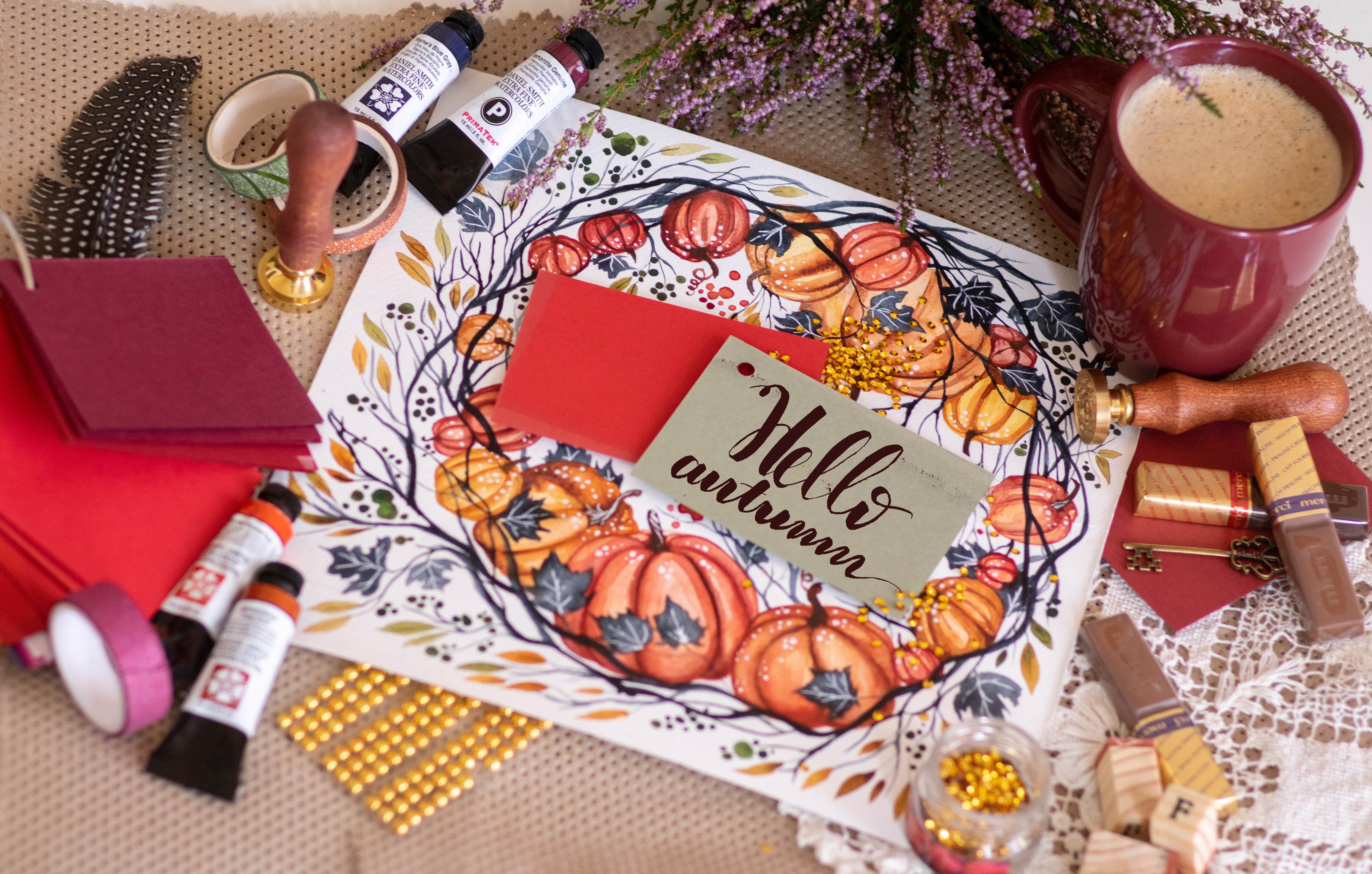 autumn, pumpkin, words, inscription, postcard