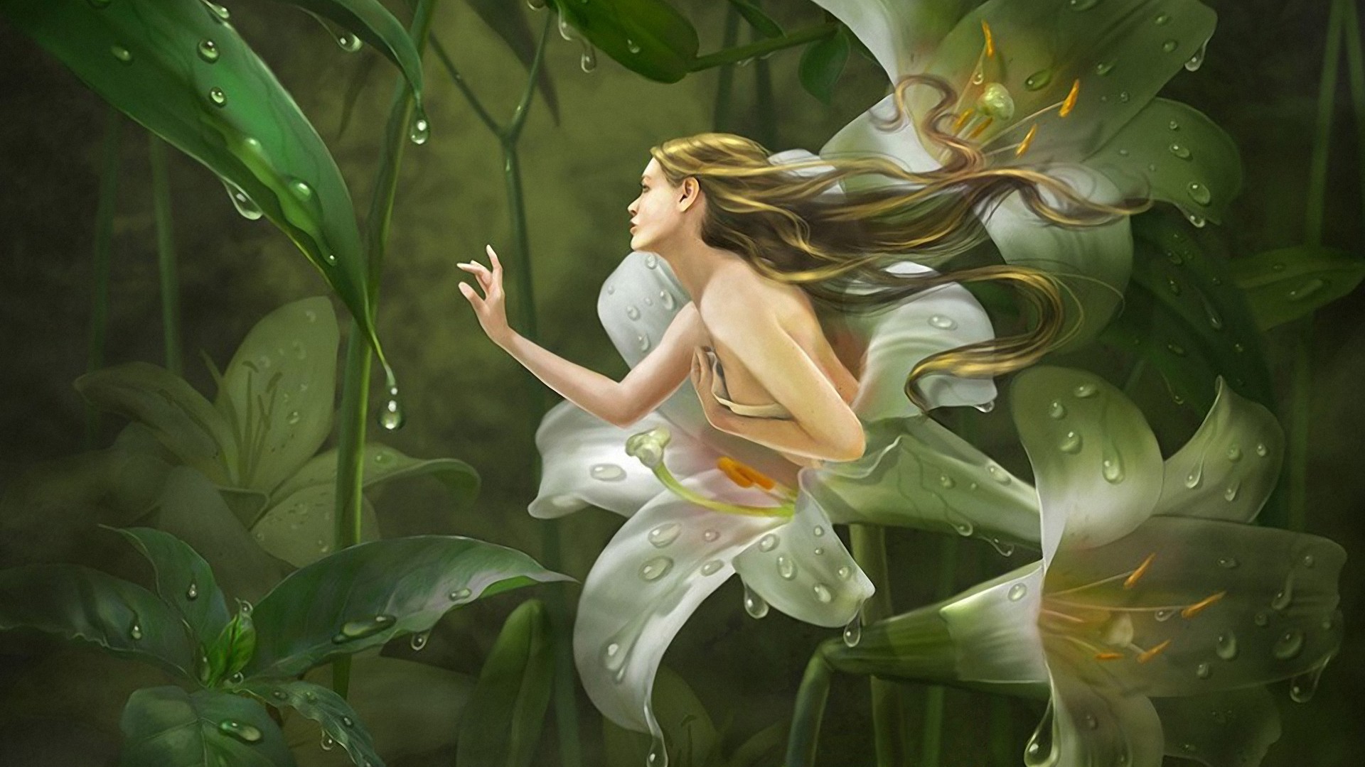 Download mobile wallpaper Fantasy, Flower, Plant, Lily, Blonde, Fairy, Long Hair for free.