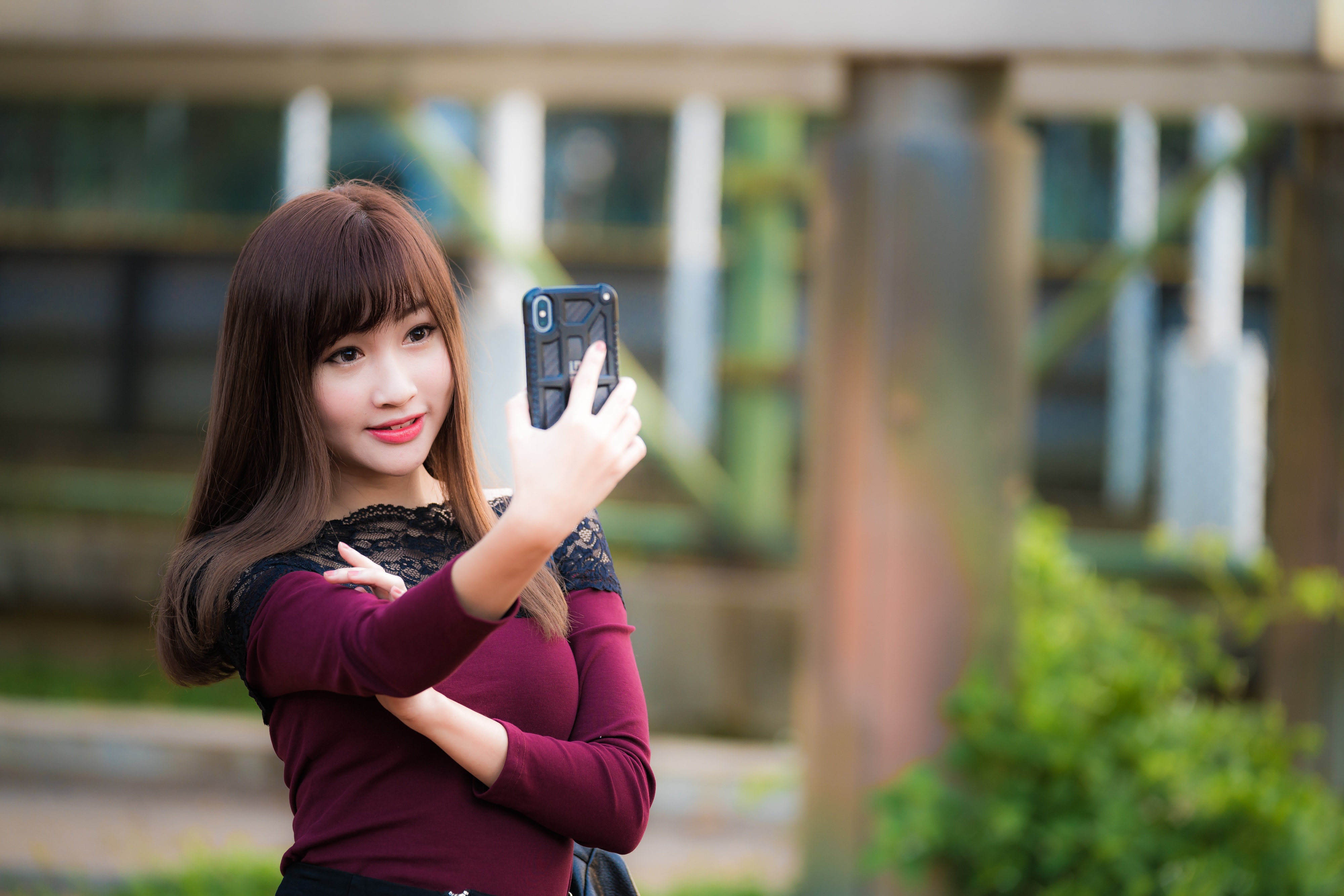 Baixar papel de parede para celular de Selfie, Modelo, Mulheres, Cabelo Castanho, Asiática, Profundidade De Campo gratuito.
