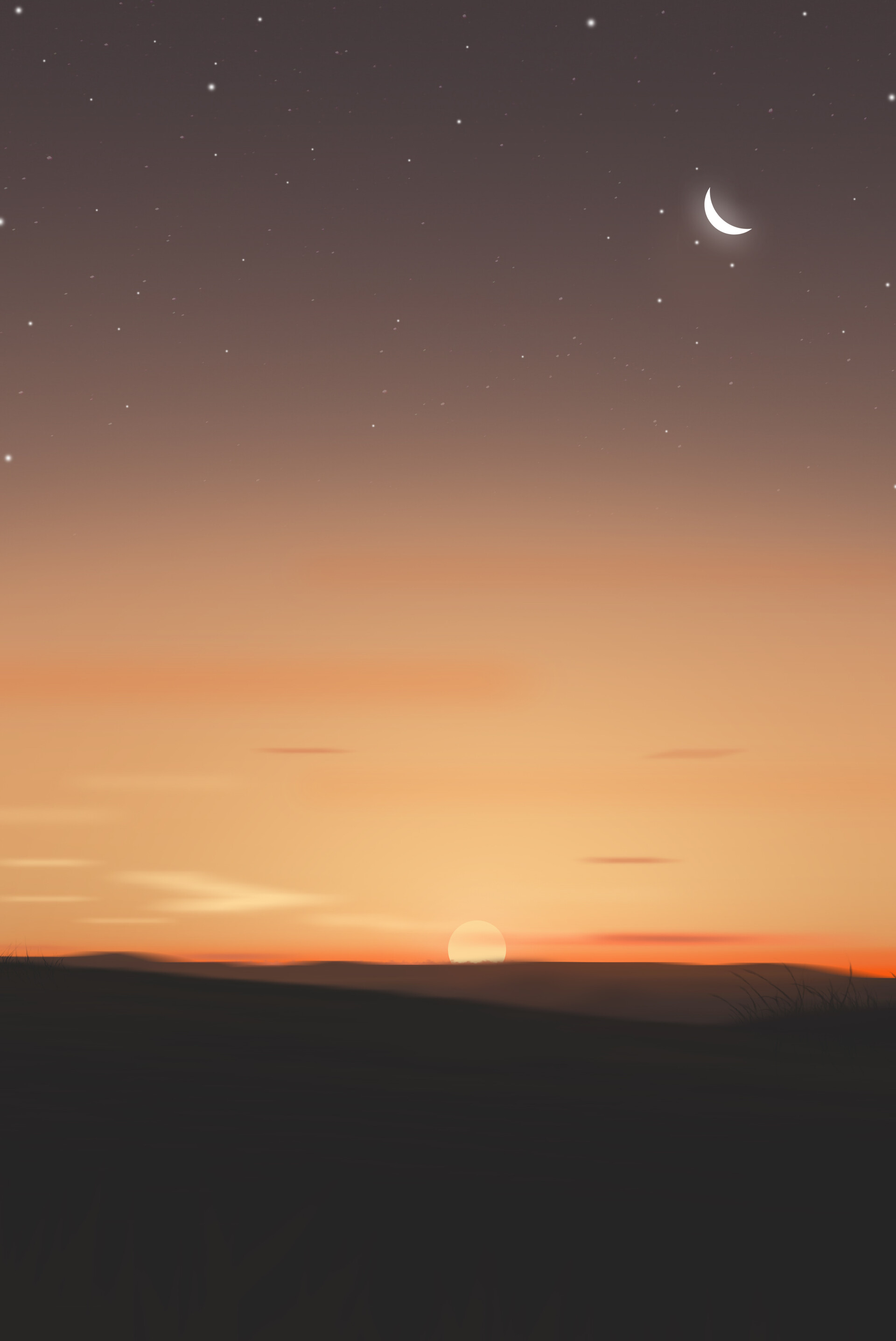 Download mobile wallpaper Sun, Horizon, Sky, Hills, Nature, Sunset, Moon for free.