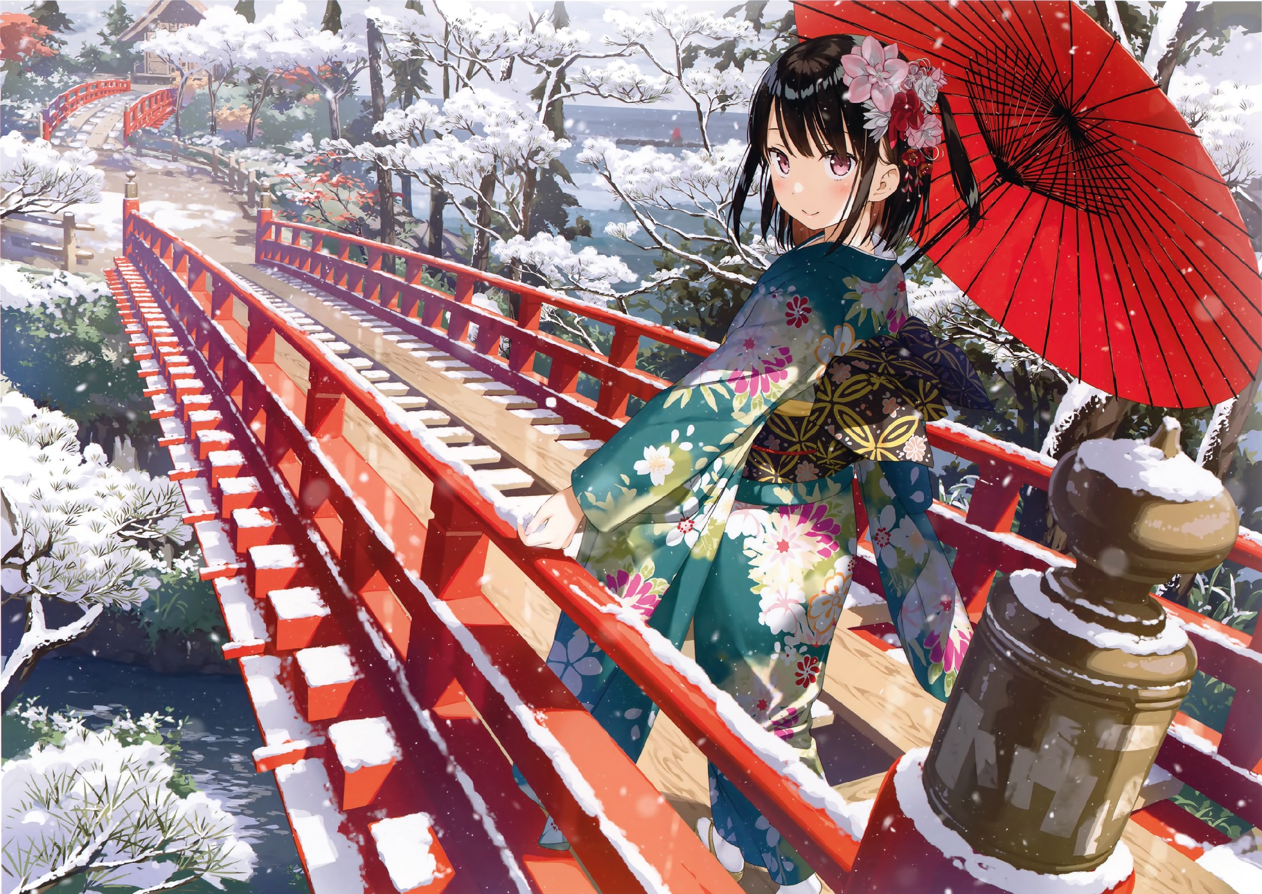 Handy-Wallpaper Mädchen, Brücke, Regenschirm, Kimono, Animes kostenlos herunterladen.