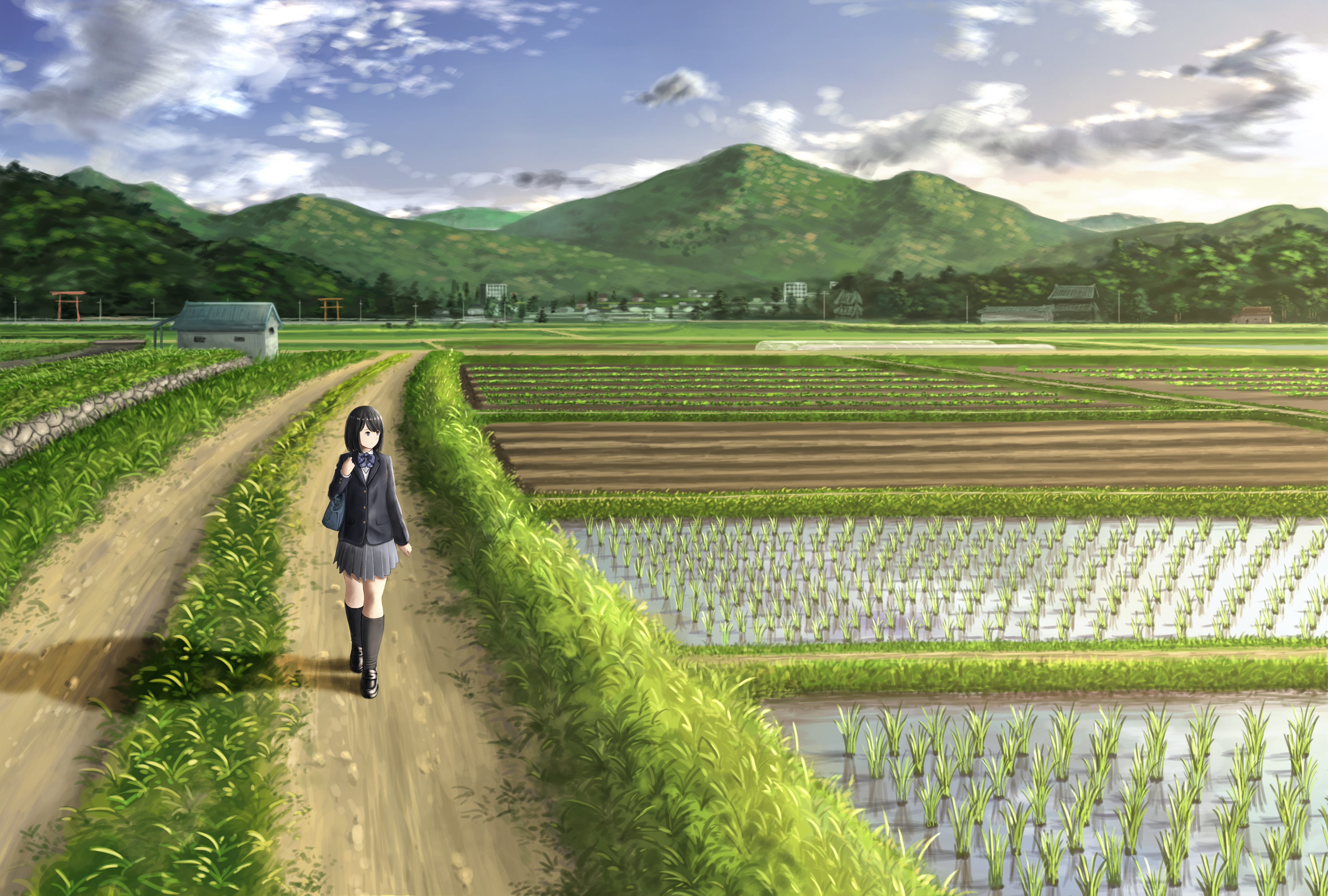 Download mobile wallpaper Anime, Mountain, Field, Bag, Cloud, Original, Black Hair, Short Hair, Bow (Clothing) for free.