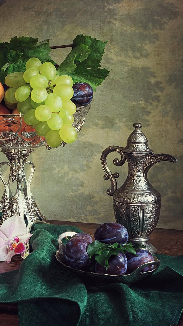 Download mobile wallpaper Grapes, Still Life, Plum, Fruit, Photography, Pitcher for free.