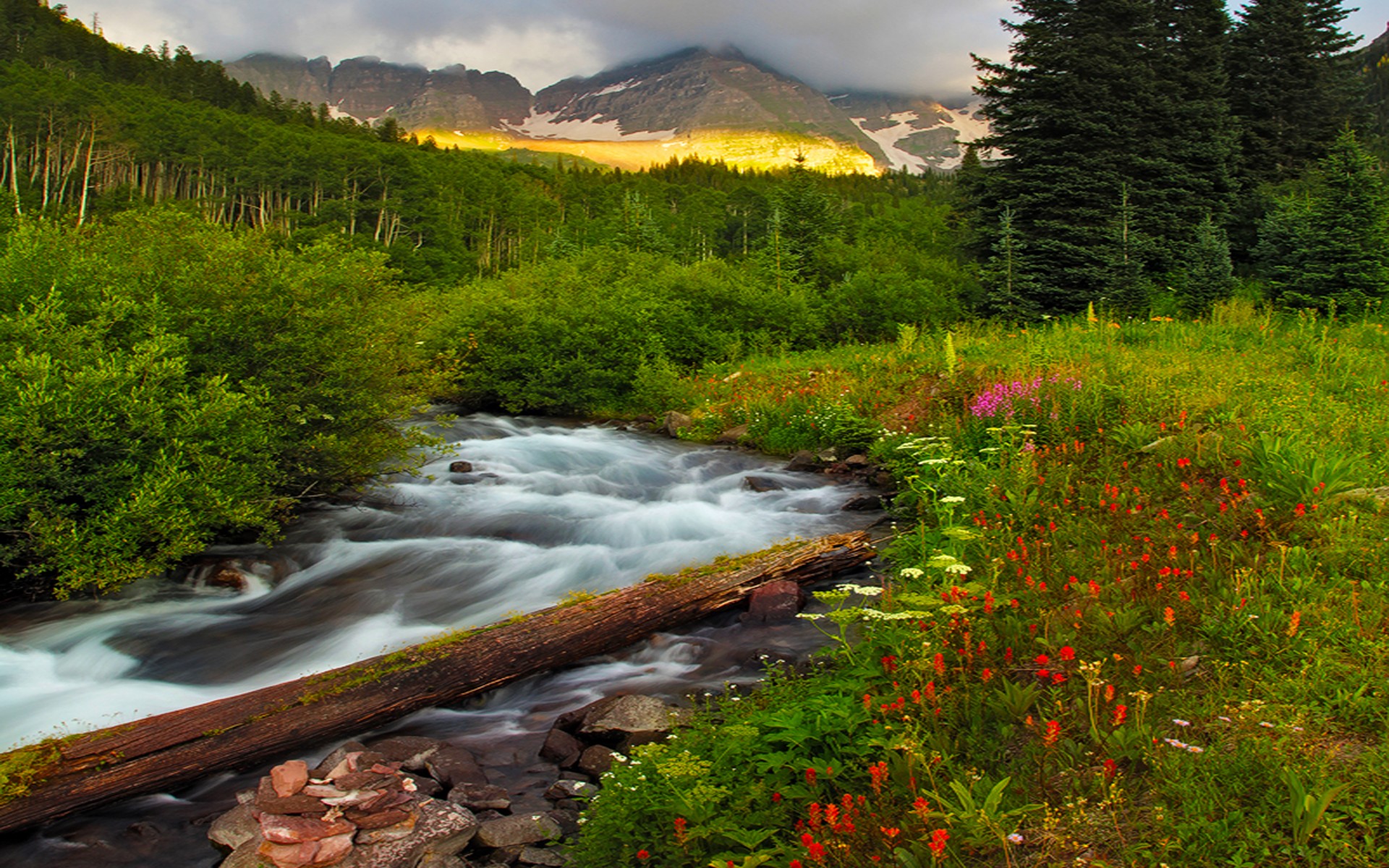 Download mobile wallpaper Landscape, Mountain, Flower, Earth, Spring, River for free.