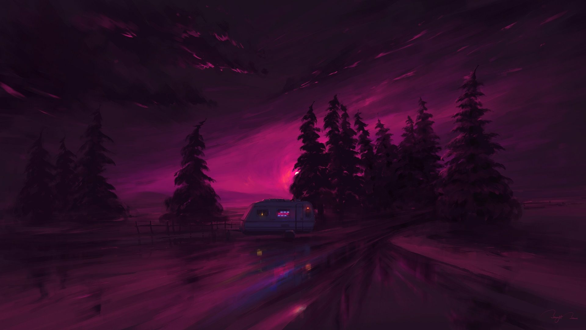 artistic, night, purple, sky, van
