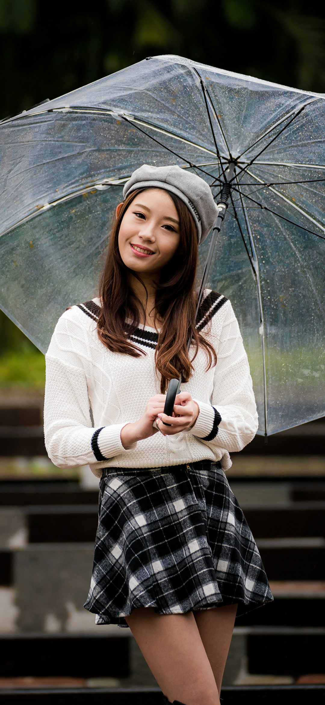 Download mobile wallpaper Umbrella, Hat, Brunette, Model, Skirt, Women, Asian for free.