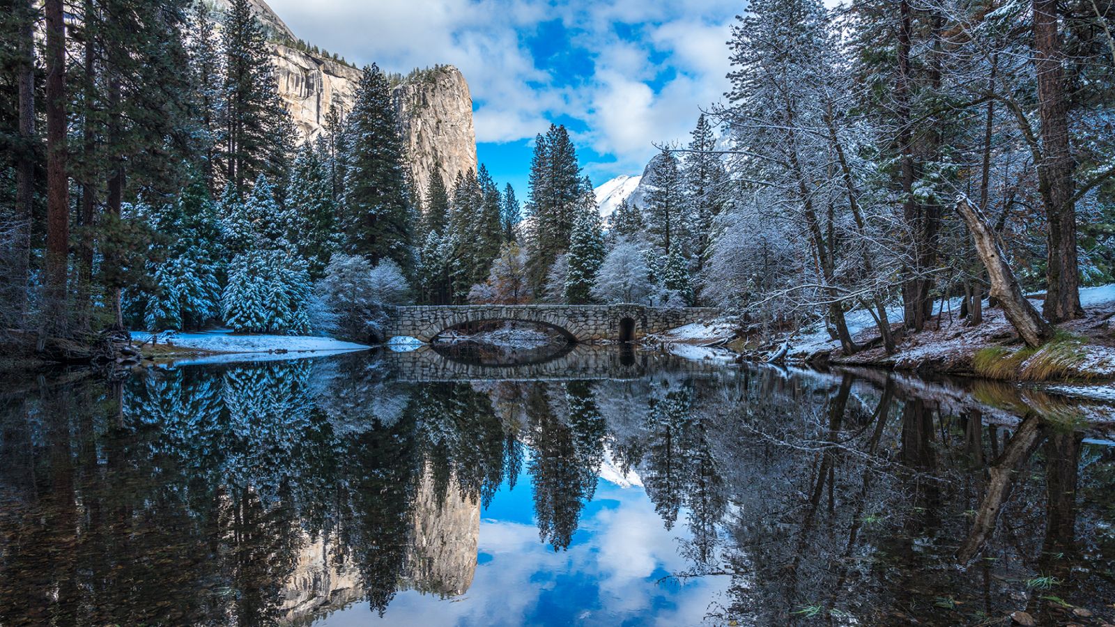 Download mobile wallpaper Hdr, River, Bridge, Bridges, Snow, Man Made, Water, Park, Yosemite National Park, Forest, Tree, Mountain, Cloud for free.
