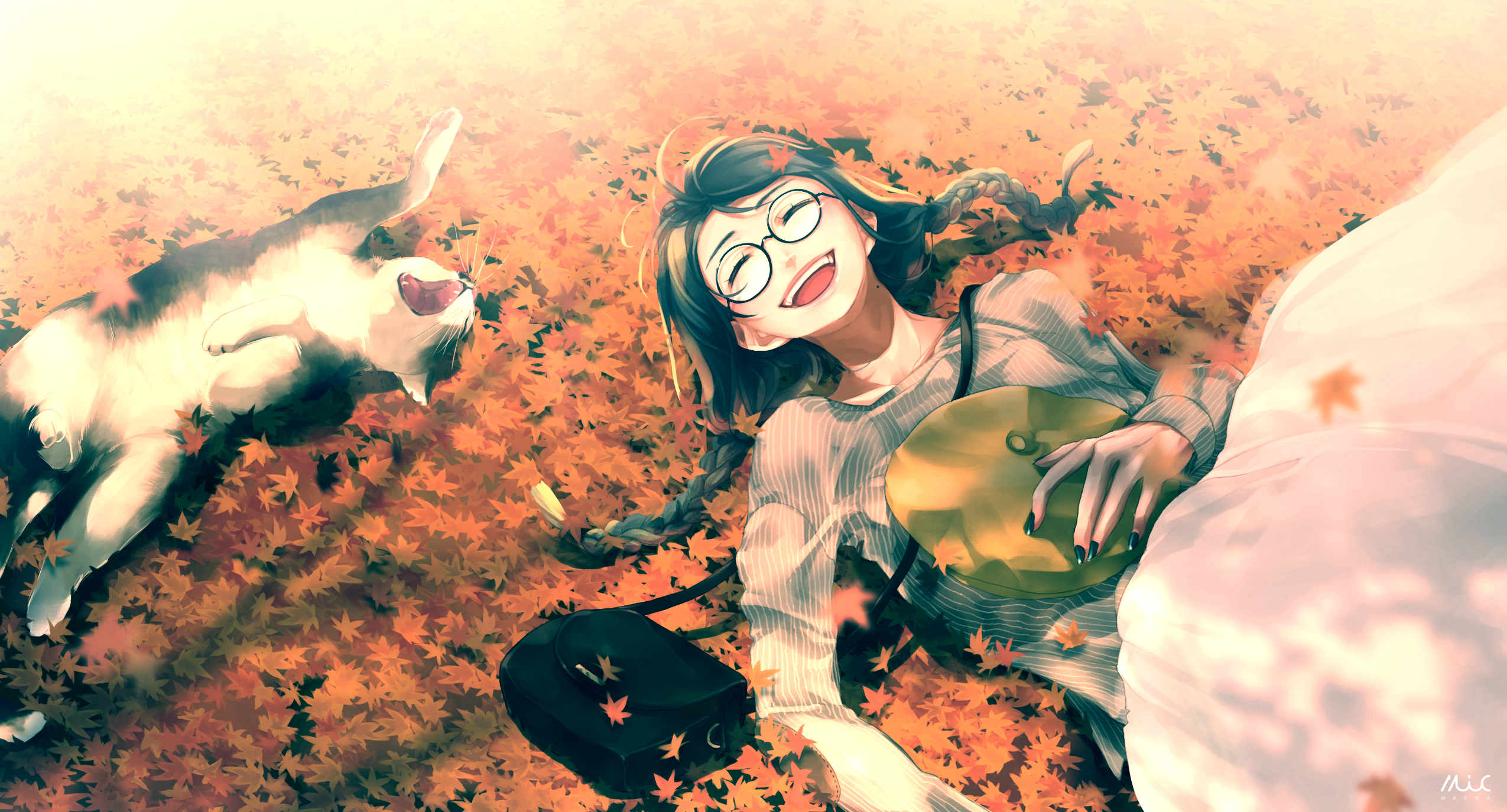 Free download wallpaper Anime, Cat, Fall, Sunlight, Dress, Original, Twintails on your PC desktop