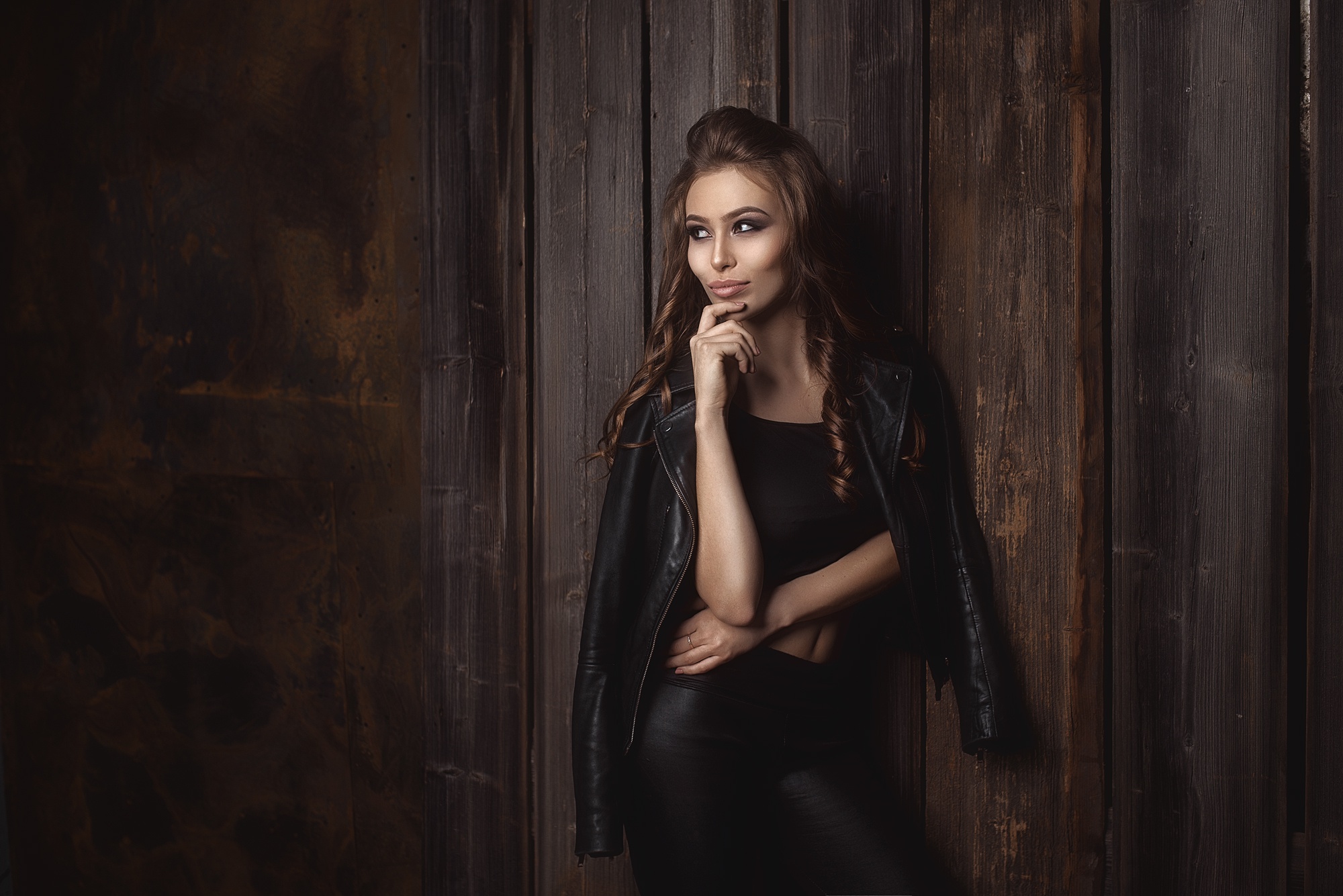 Download mobile wallpaper Brunette, Model, Women, Long Hair, Leather Jacket for free.