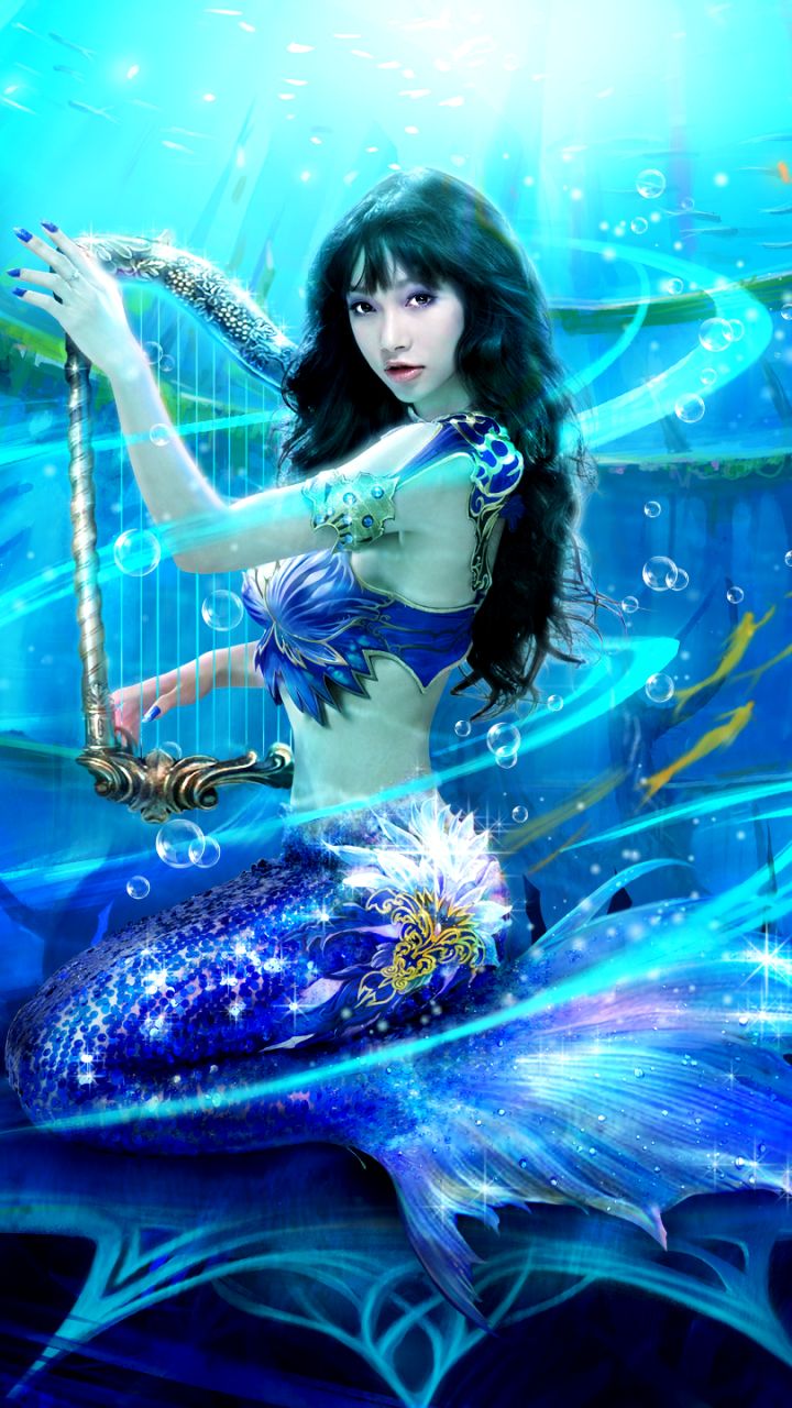Download mobile wallpaper Fantasy, Underwater, Mermaid, Harp, Video Game, Perfect World for free.