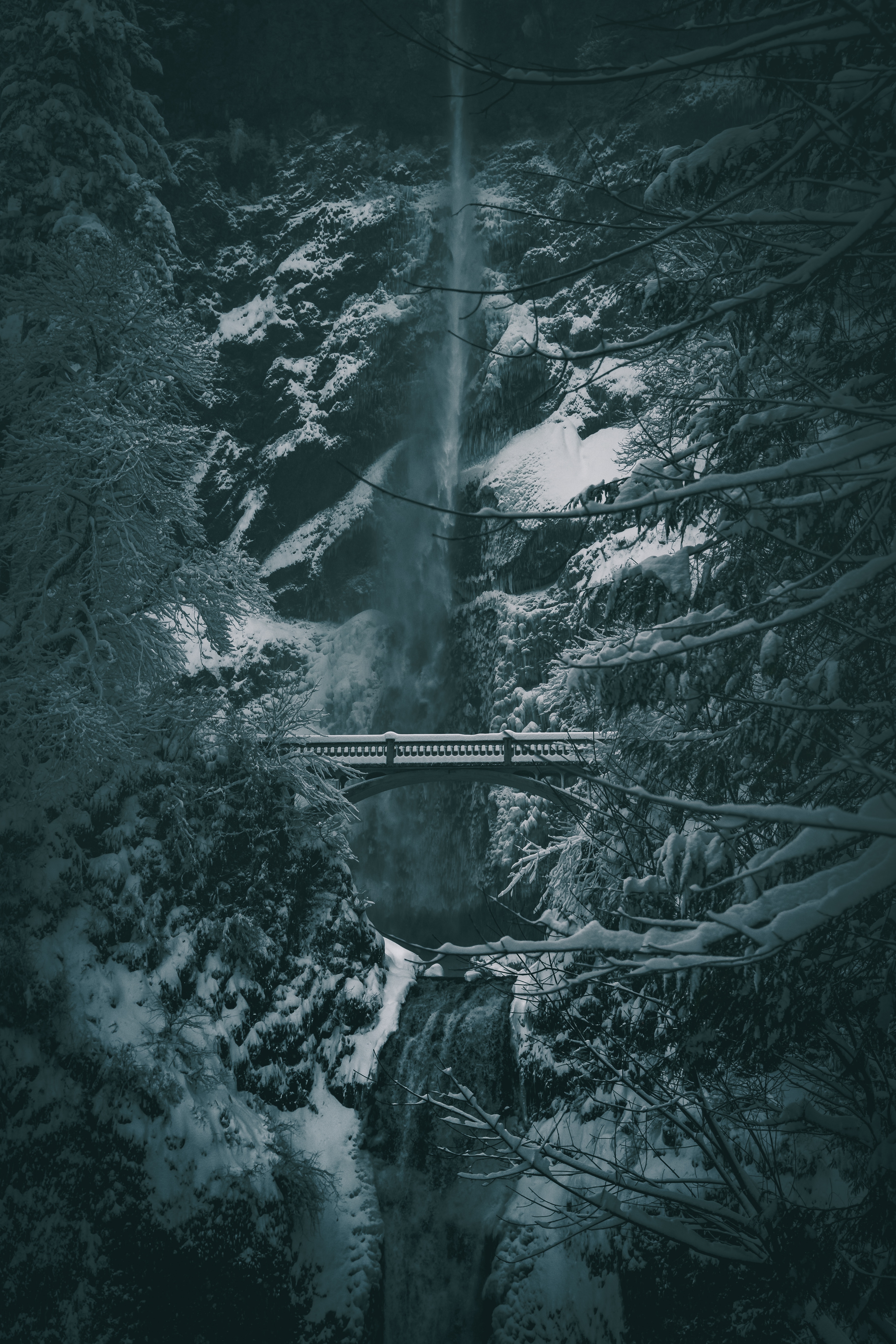 Download mobile wallpaper Winter, Snow, Waterfall, Bridge, Trees, Nature for free.