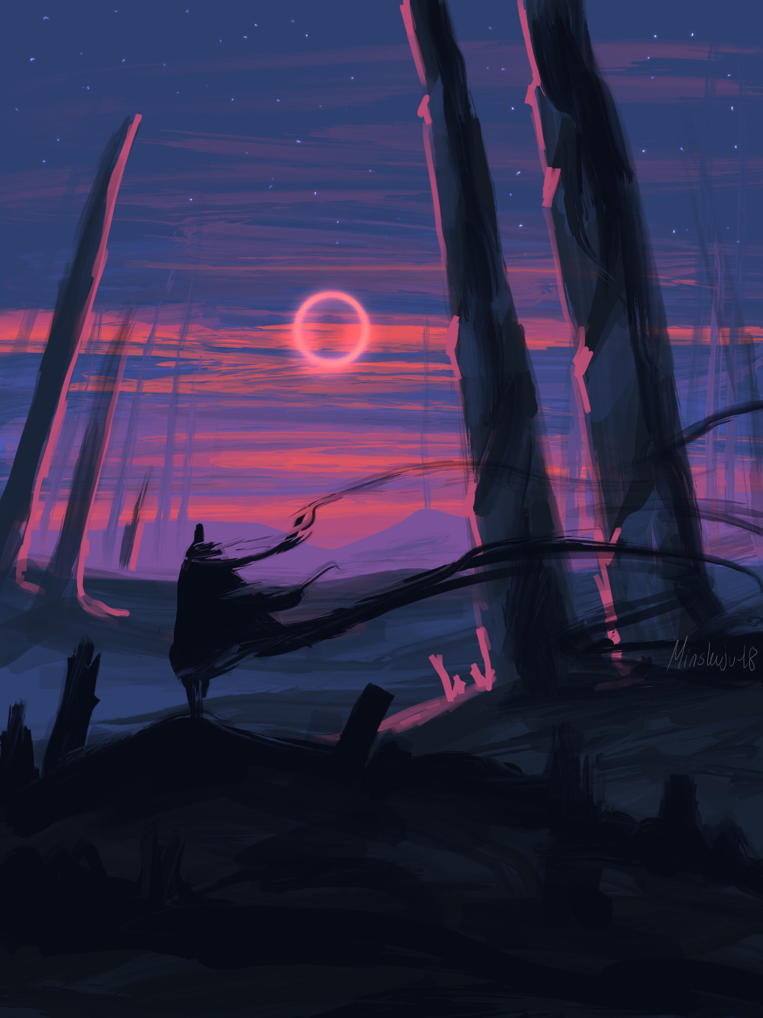 silhouette, art, trees, sunset, moon, lines HD wallpaper