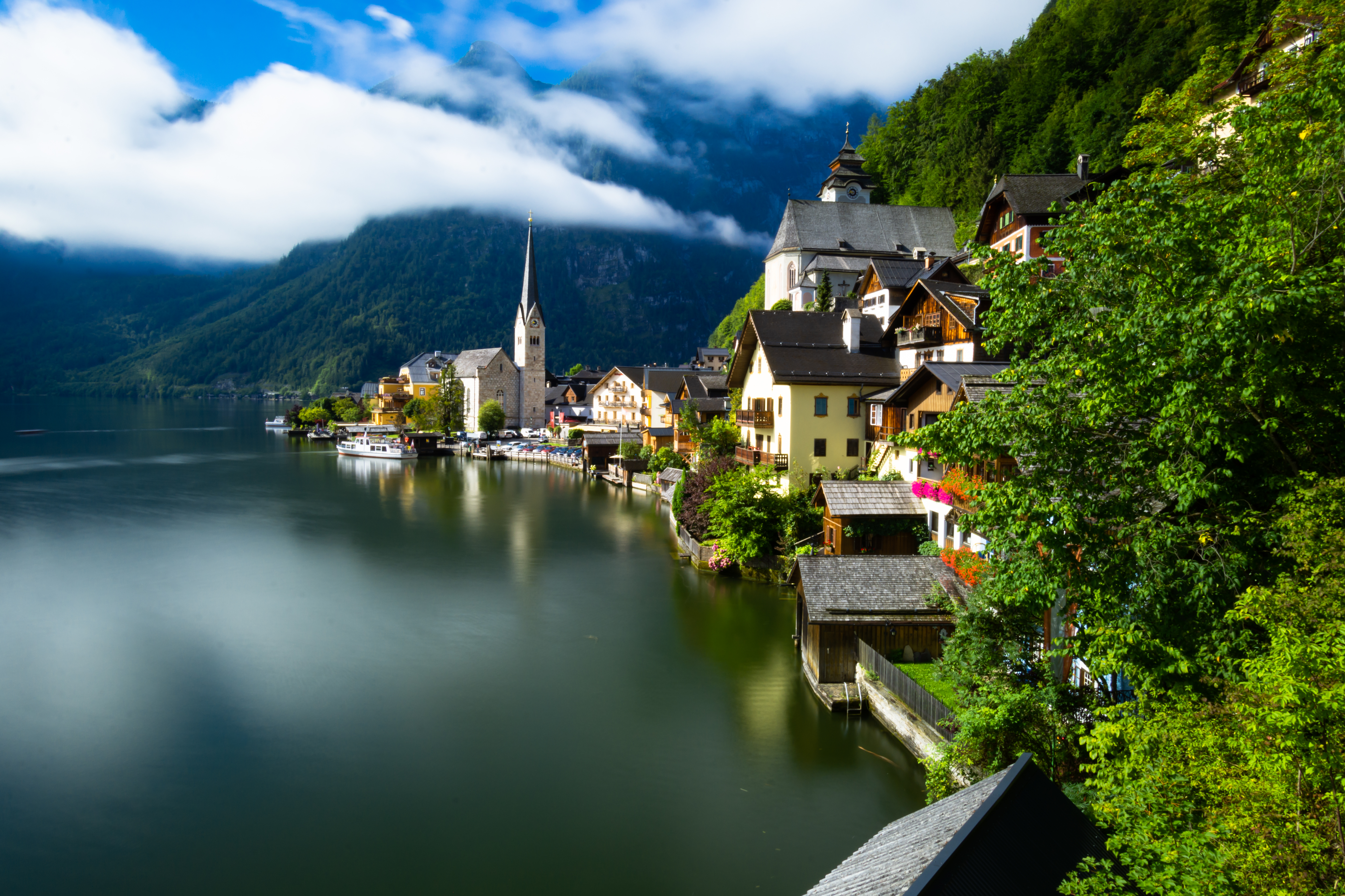 village, nature, clouds, building, mountain, lake Full HD