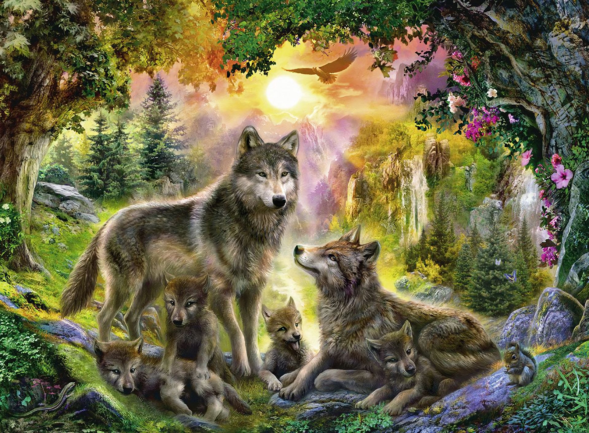 Download mobile wallpaper Waterfall, Tree, Wolf, Painting, Artistic, Baby Animal, Cub for free.