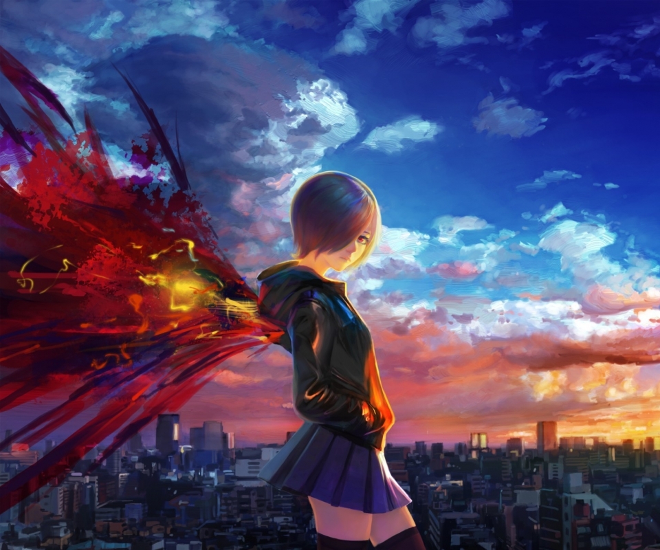 Laden Sie das Stadt, Sonnenuntergang, Animes, Großstadt, Tokyo Ghoul, Touka Kirishima-Bild kostenlos auf Ihren PC-Desktop herunter