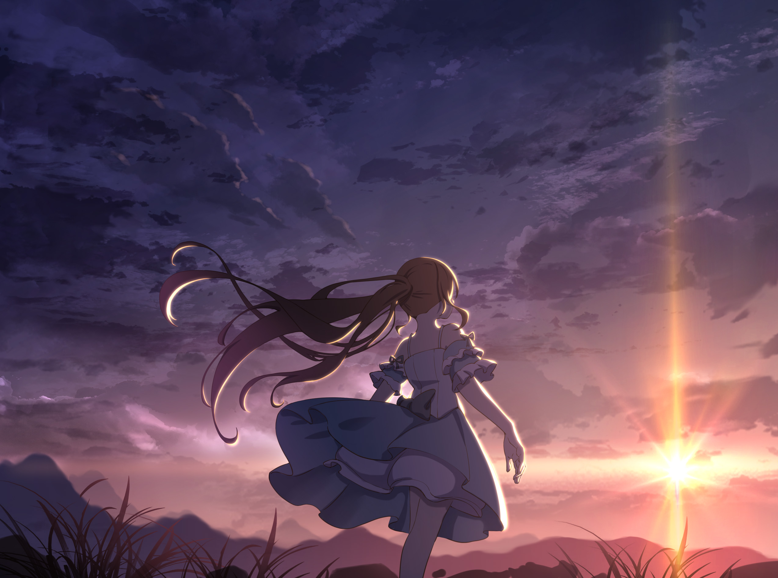 Download mobile wallpaper Anime, Sunset, Sky, Original, Long Hair for free.