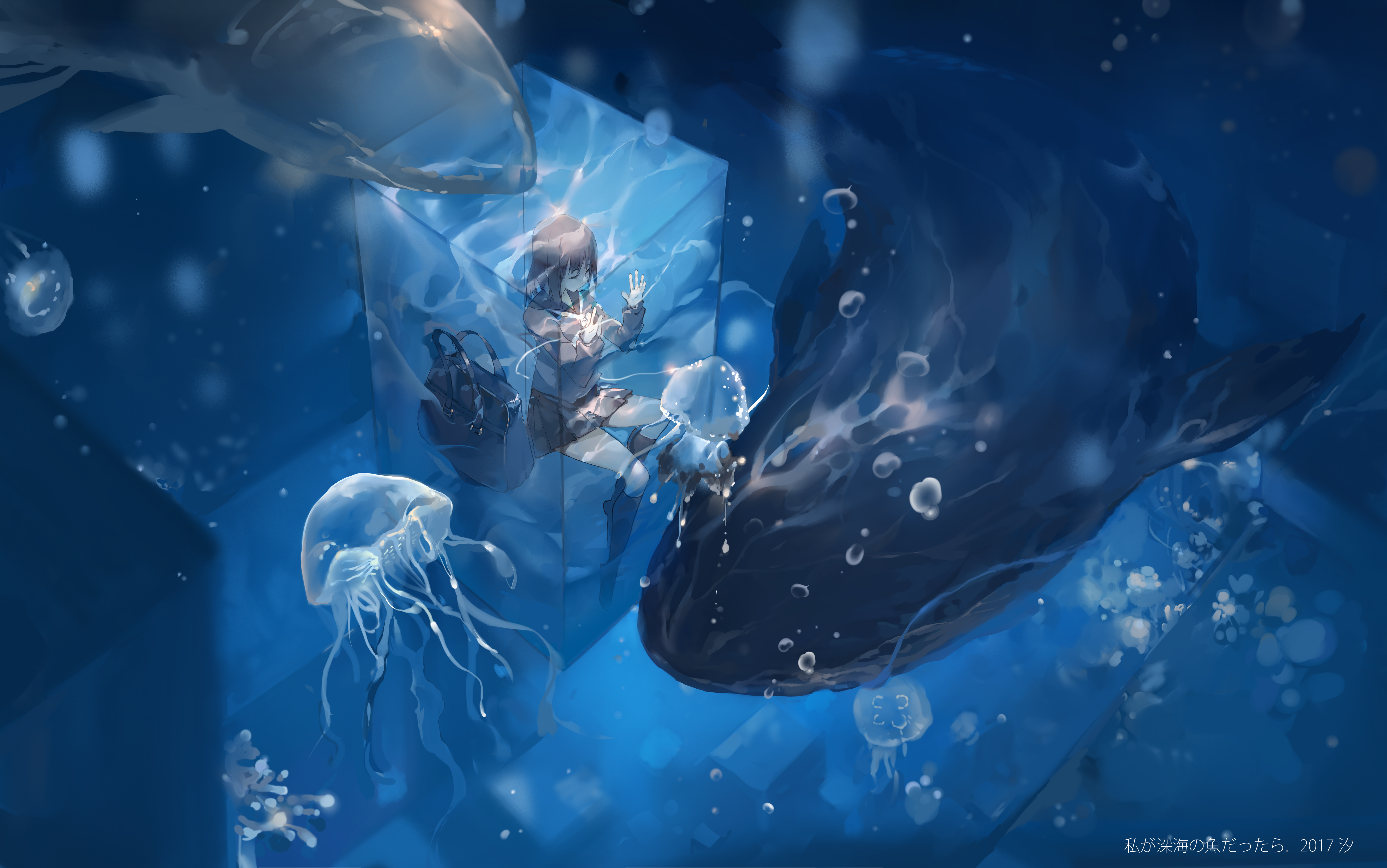 anime, underwater, bag, brown hair, jellyfish, shark, whale
