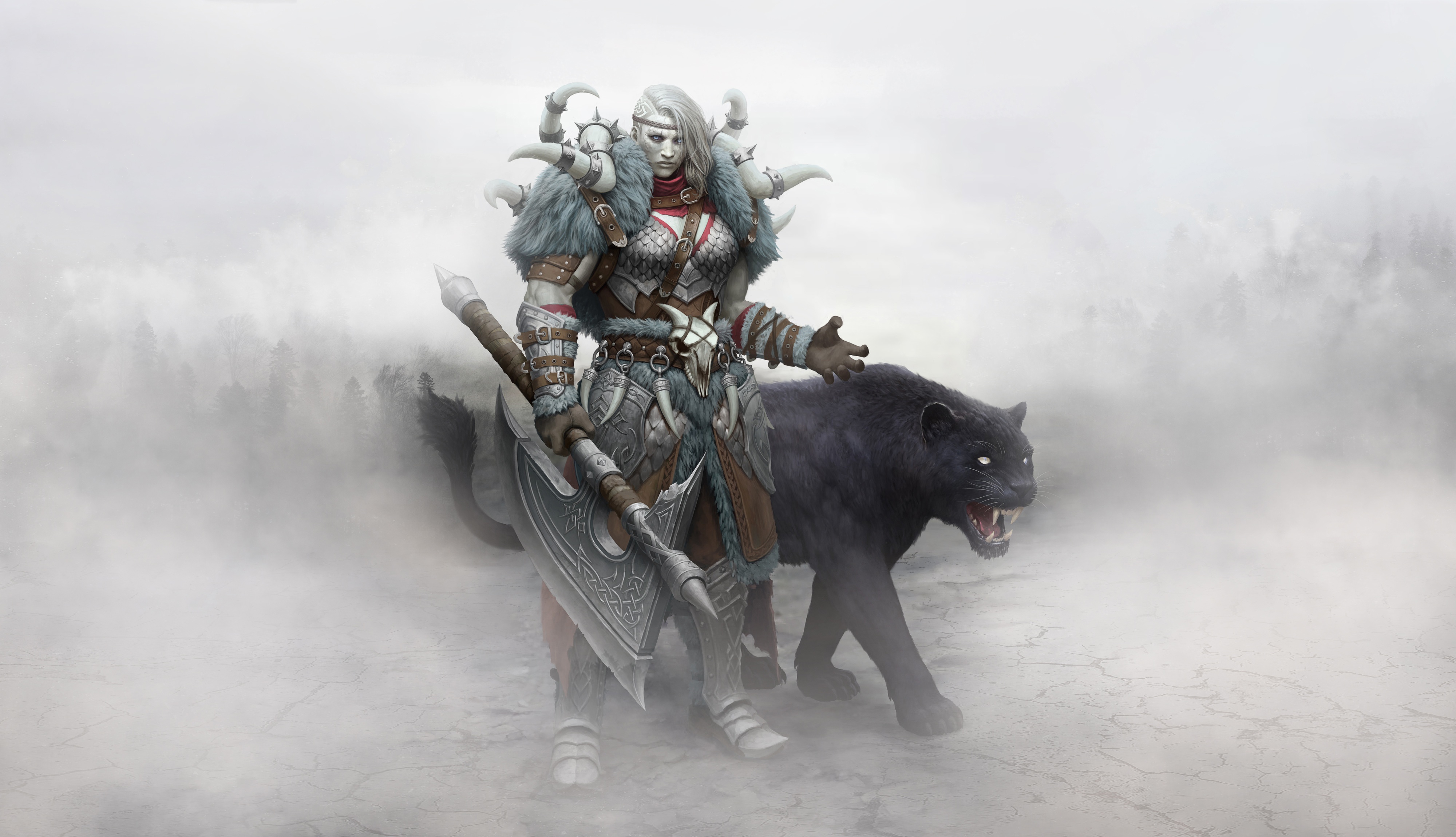 Free download wallpaper Fantasy, Fog, Axe, Panther, Woman Warrior, Viking on your PC desktop