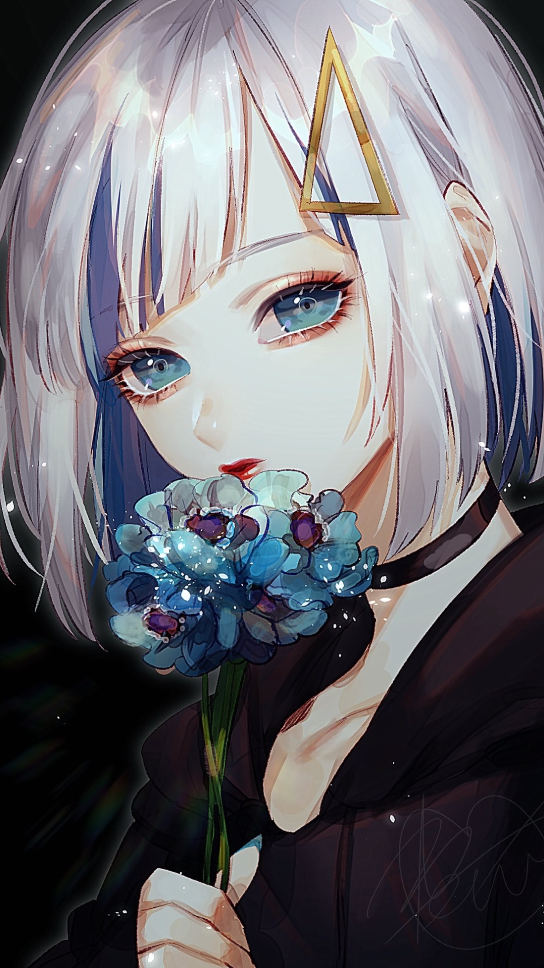 Download mobile wallpaper Anime, Flower, Hoodie, Blue Eyes, Original, Short Hair, Grey Hair for free.