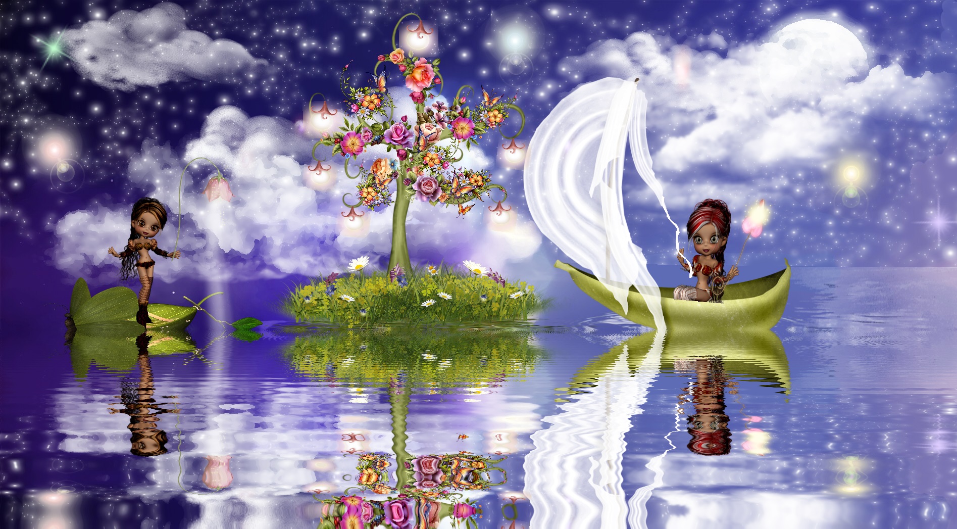 Download mobile wallpaper Water, Fantasy, Flower, Tree, Fairy for free.