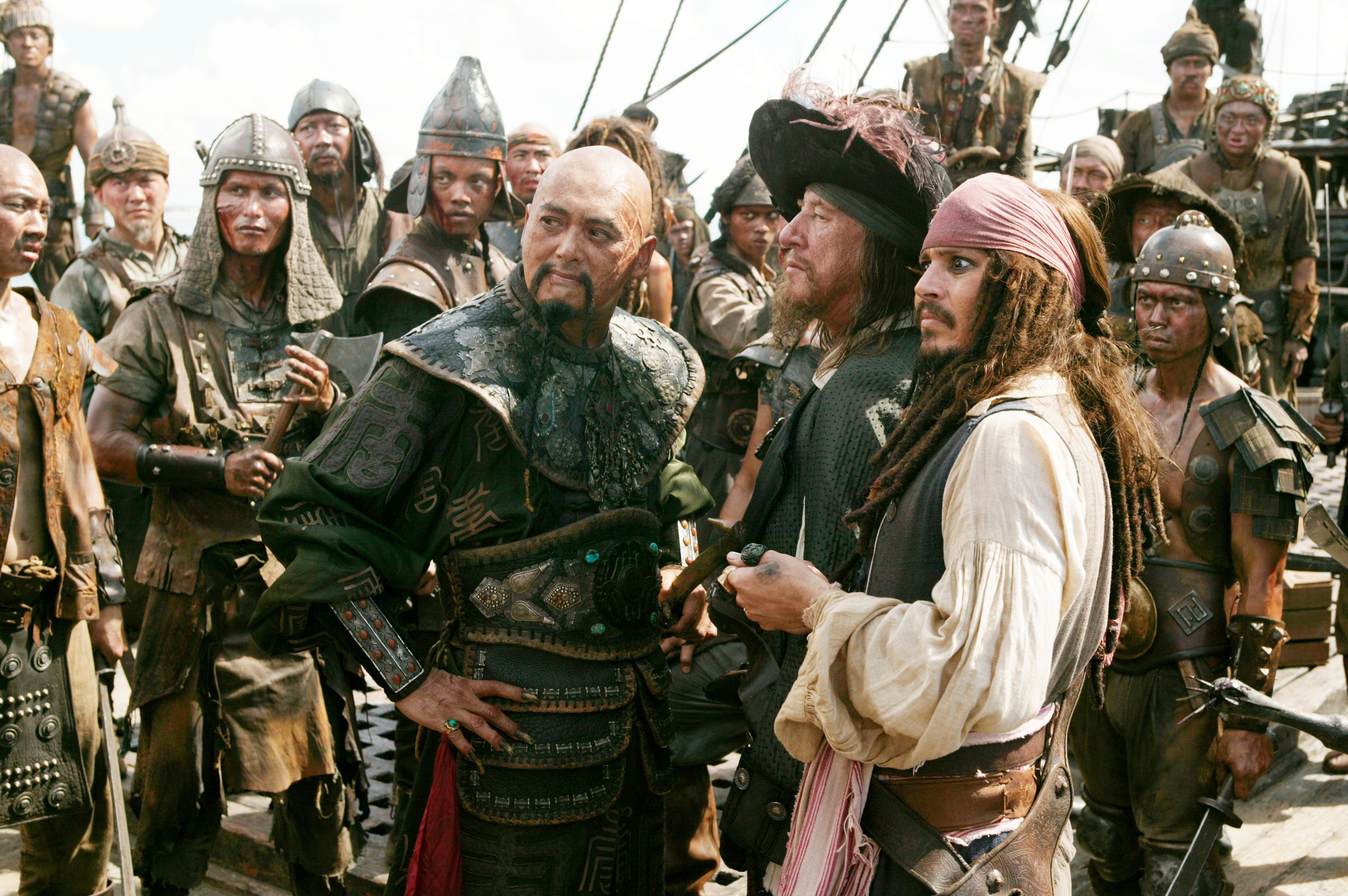 hector barbossa, movie, pirates of the caribbean: at world's end, captain sao feng, chow yun fat, geoffrey rush, jack sparrow, johnny depp, pirates of the caribbean