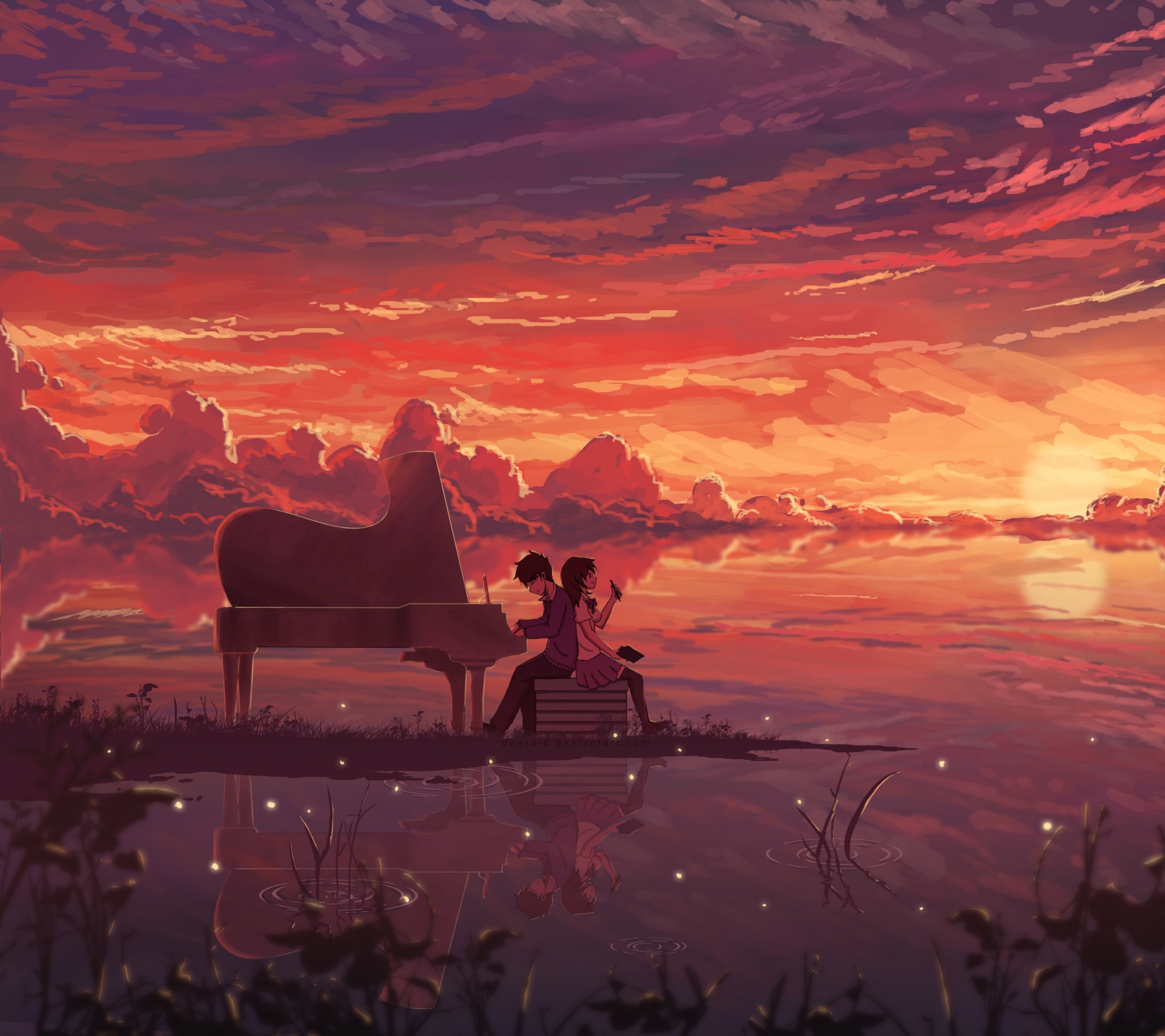 Free download wallpaper Anime, Sunset, Sky, Piano, Horizon, Reflection, Couple, Cloud on your PC desktop