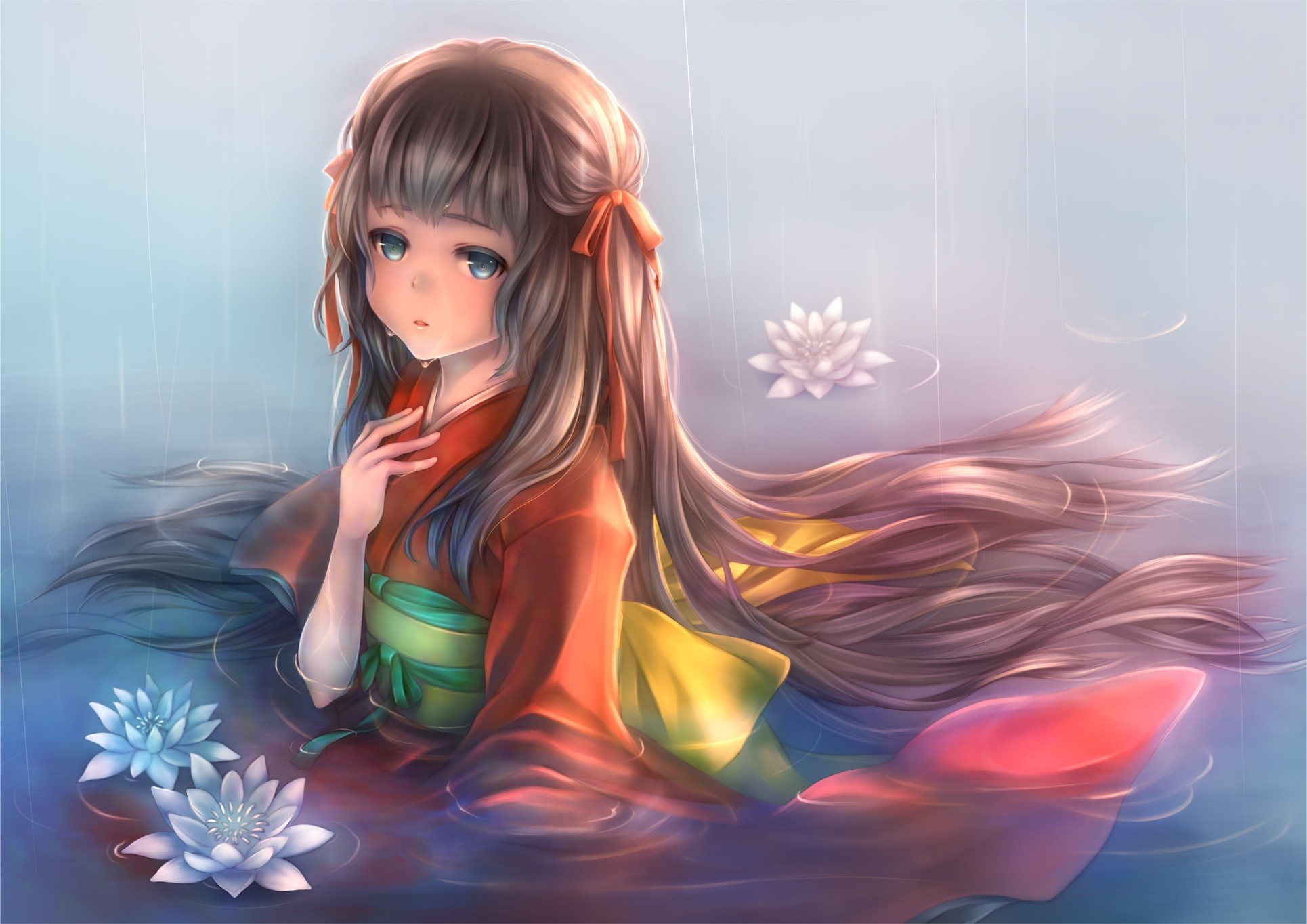 Download mobile wallpaper Anime, Water, Rain, Flower, Kimono, Women, Long Hair for free.