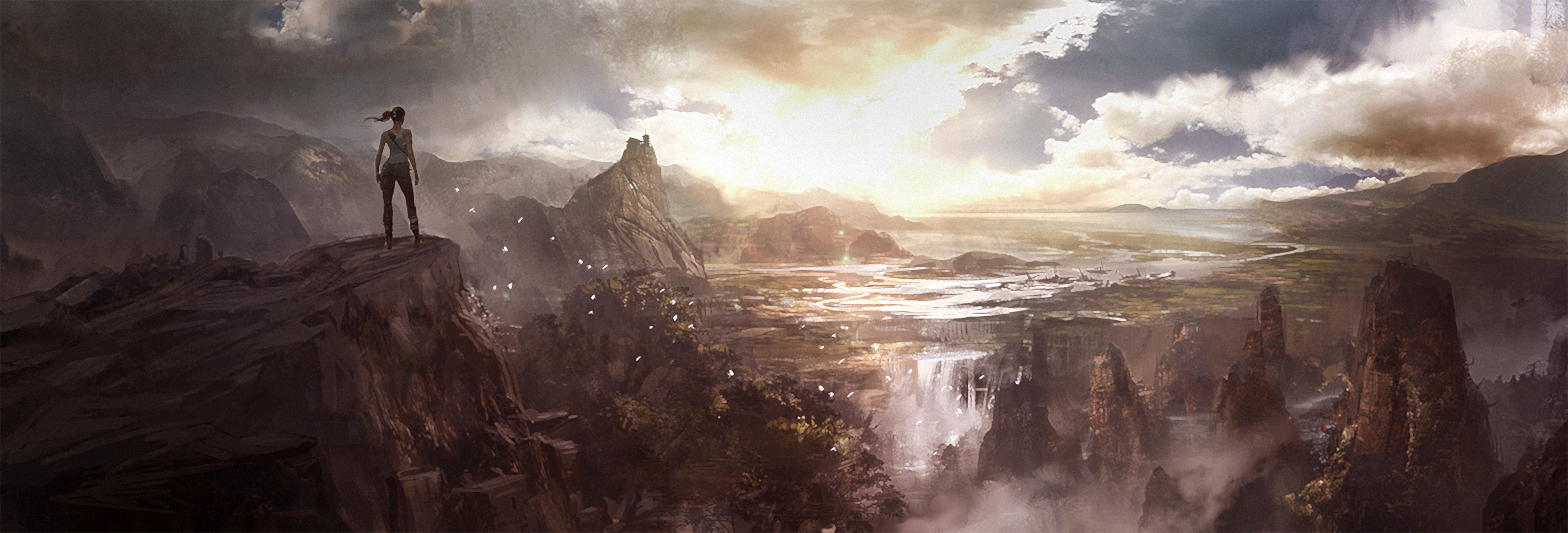 video game, tomb raider (2013), horizon, landscape, lara croft, mountain, waterfall, tomb raider