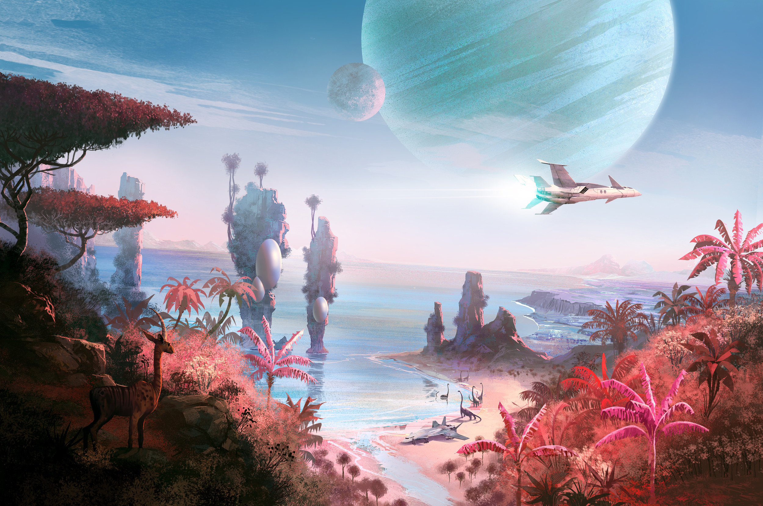 Laden Sie das Landschaft, Küste, Baum, Ozean, Planet, Raumschiff, Computerspiele, No Man's Sky-Bild kostenlos auf Ihren PC-Desktop herunter