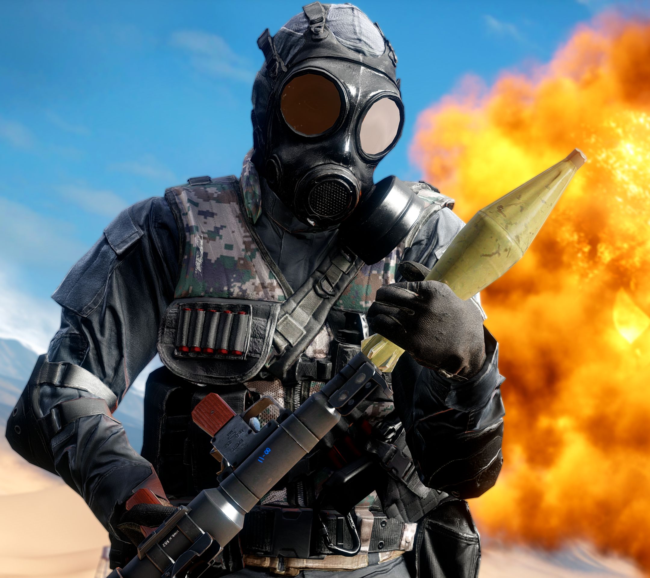video game, battlefield 4, explosion, gas mask, soldier, rocket launcher, battlefield