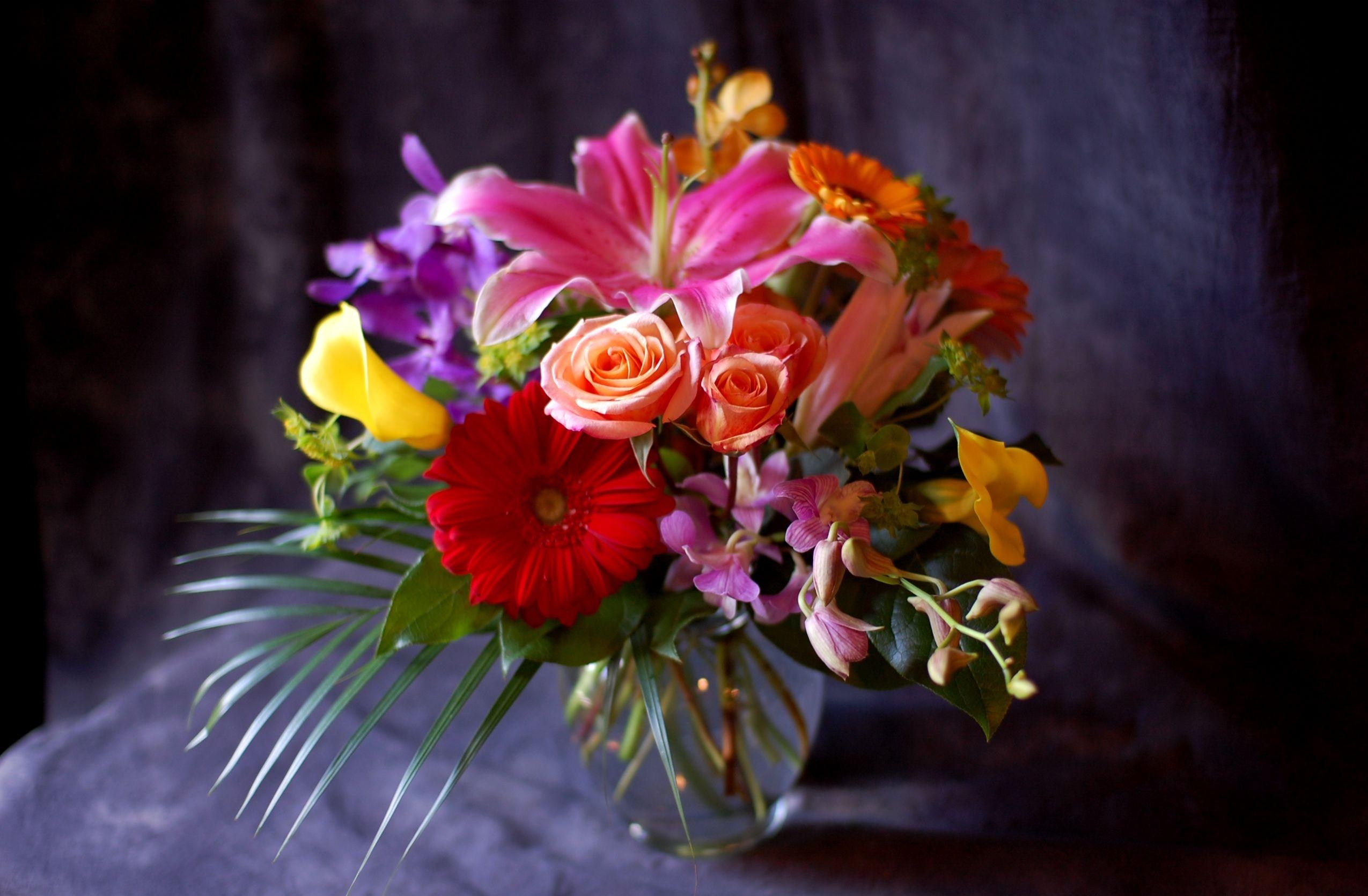 60275 скачать обои цветы, каллы, гербера, композиция, лилия, роза, букет, ваза, орхидея - заставки и картинки бесплатно