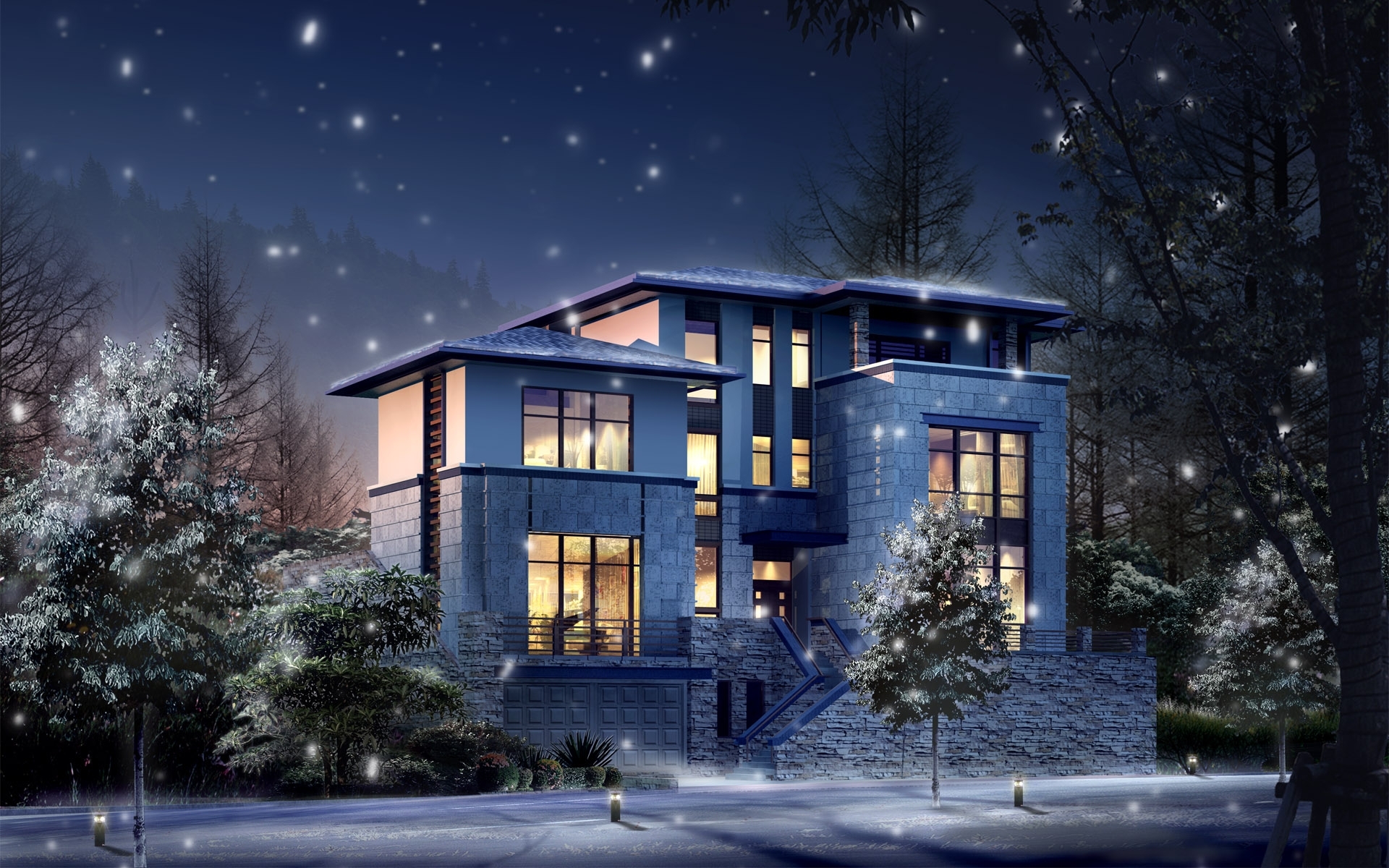 wallpapers houses, blue, landscape, winter, night, architecture, snow
