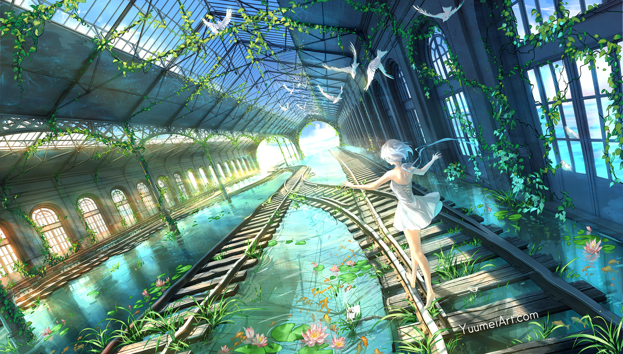 Download mobile wallpaper Anime, Flower, Bird, Railroad, Original, Short Hair, White Hair for free.