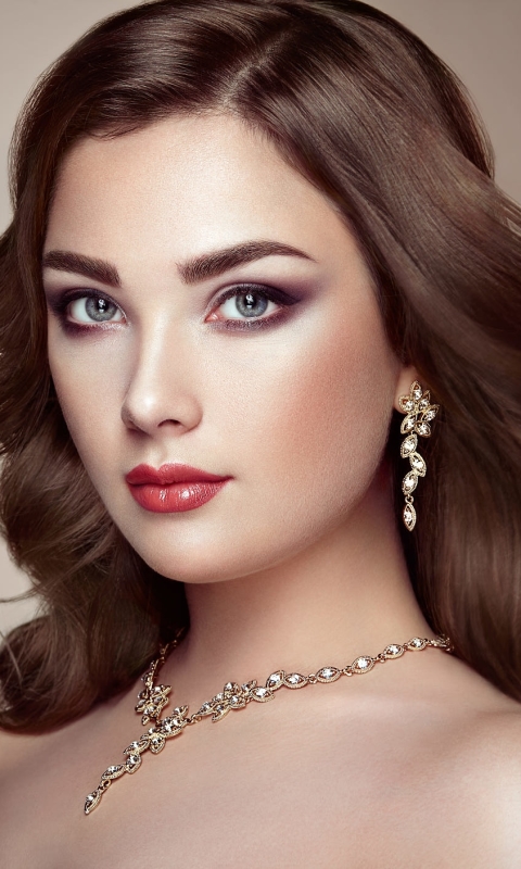 Download mobile wallpaper Jewelry, Face, Brunette, Model, Women, Earrings, Blue Eyes, Necklace, Lipstick for free.