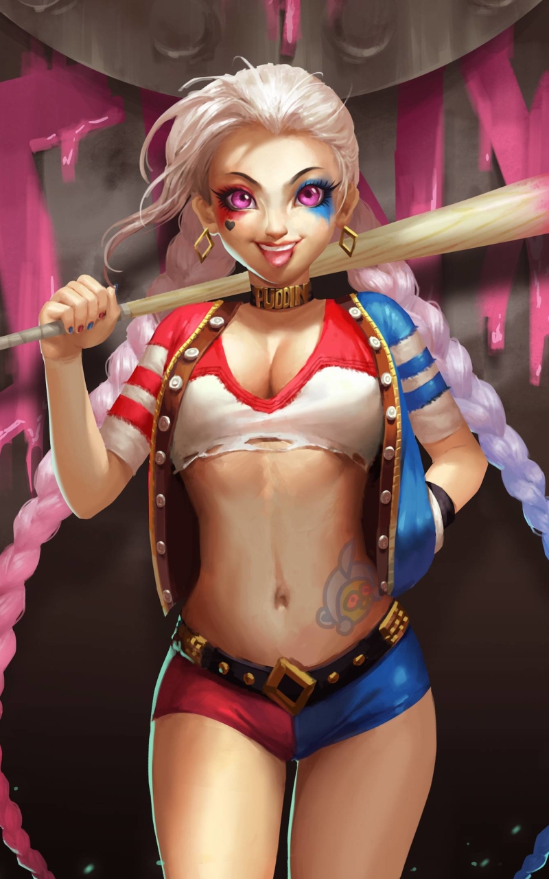 Download mobile wallpaper League Of Legends, Smile, Crossover, Braid, Video Game, Long Hair, Harley Quinn, Purple Eyes, Baseball Bat, Jinx (League Of Legends) for free.