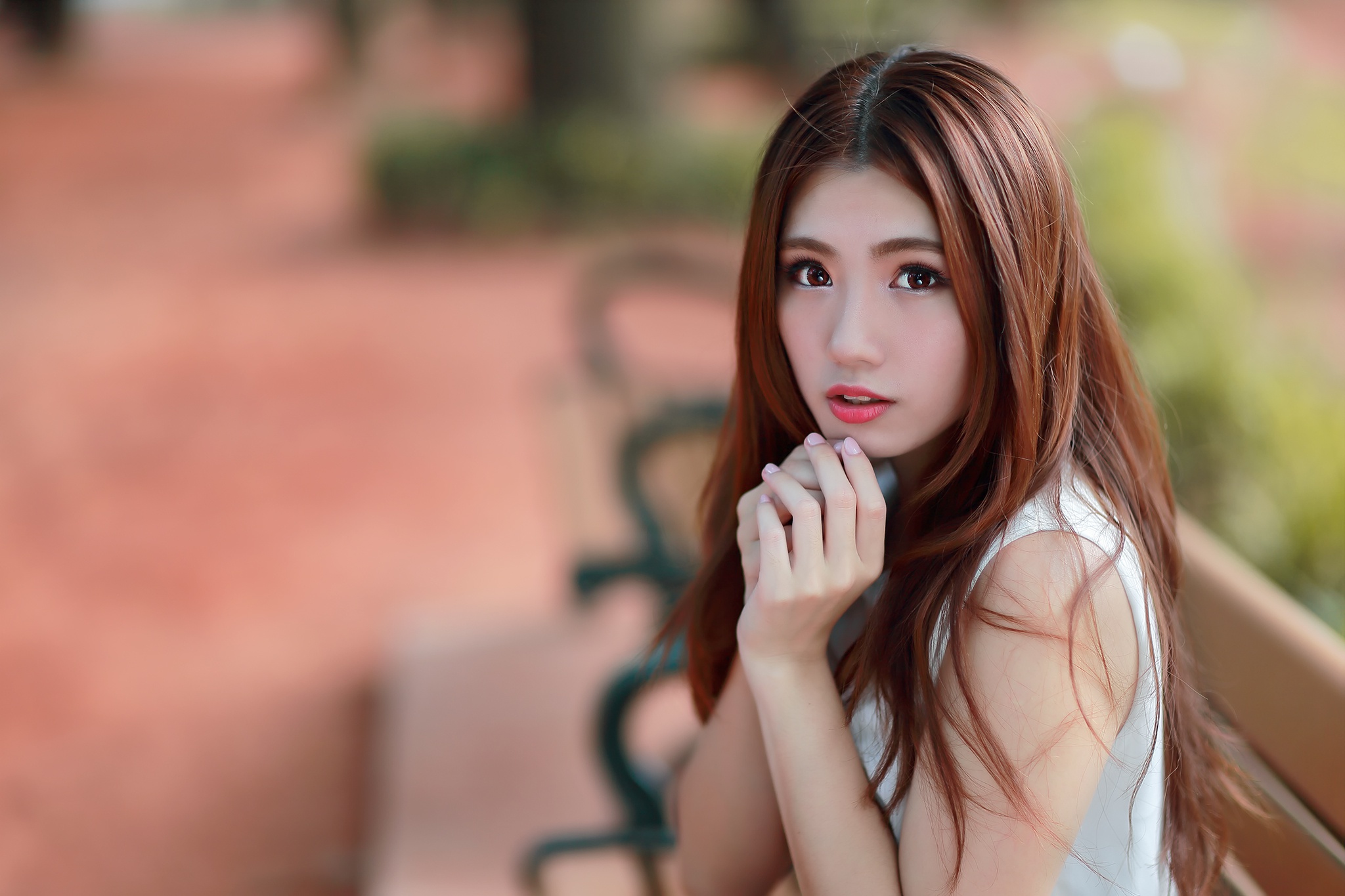 Free download wallpaper Redhead, Model, Women, Asian, Brown Eyes, Long Hair, Lipstick, Depth Of Field on your PC desktop