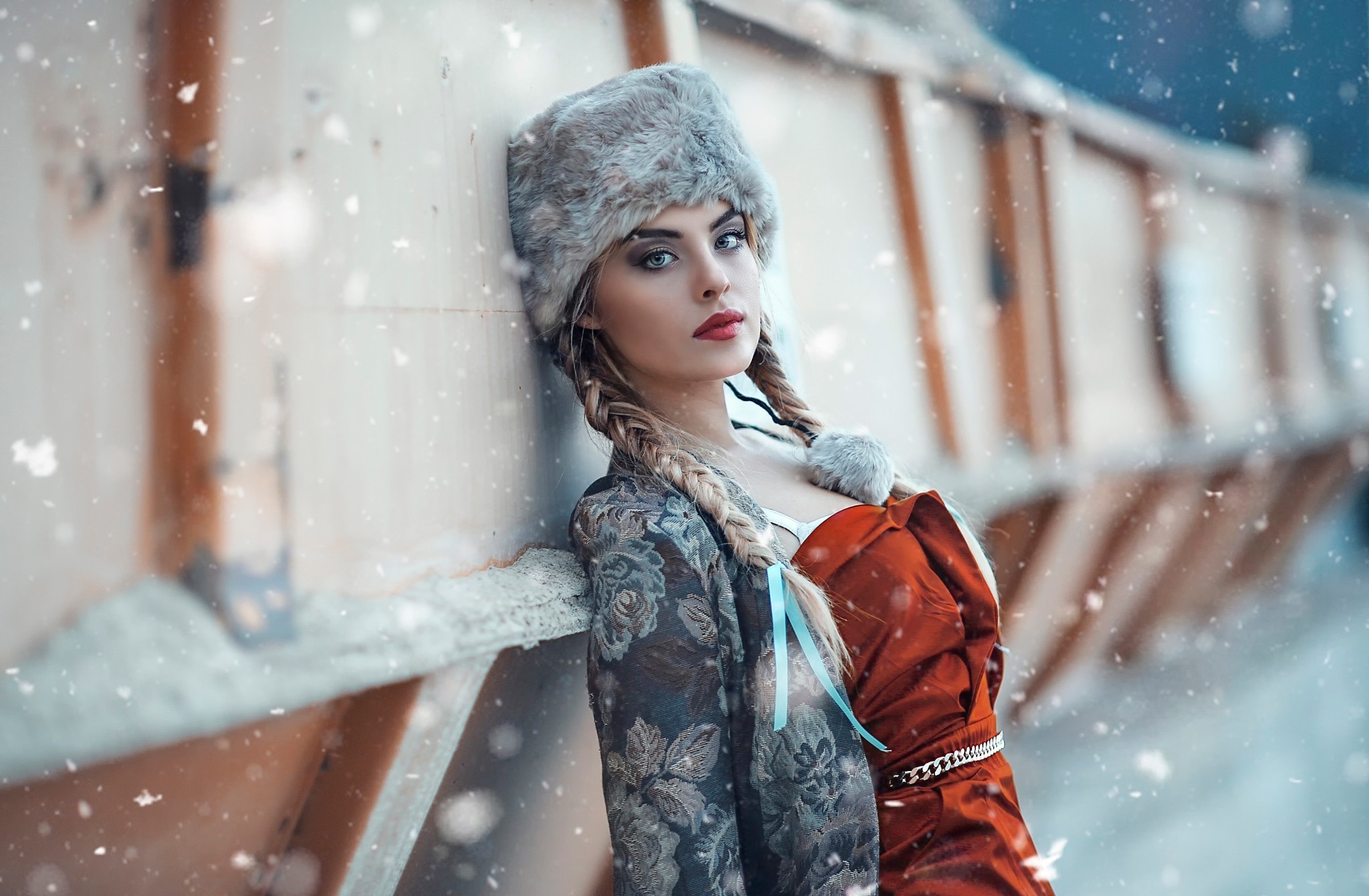 Download mobile wallpaper Winter, Blonde, Hat, Model, Women, Snowfall, Braid, Lipstick for free.