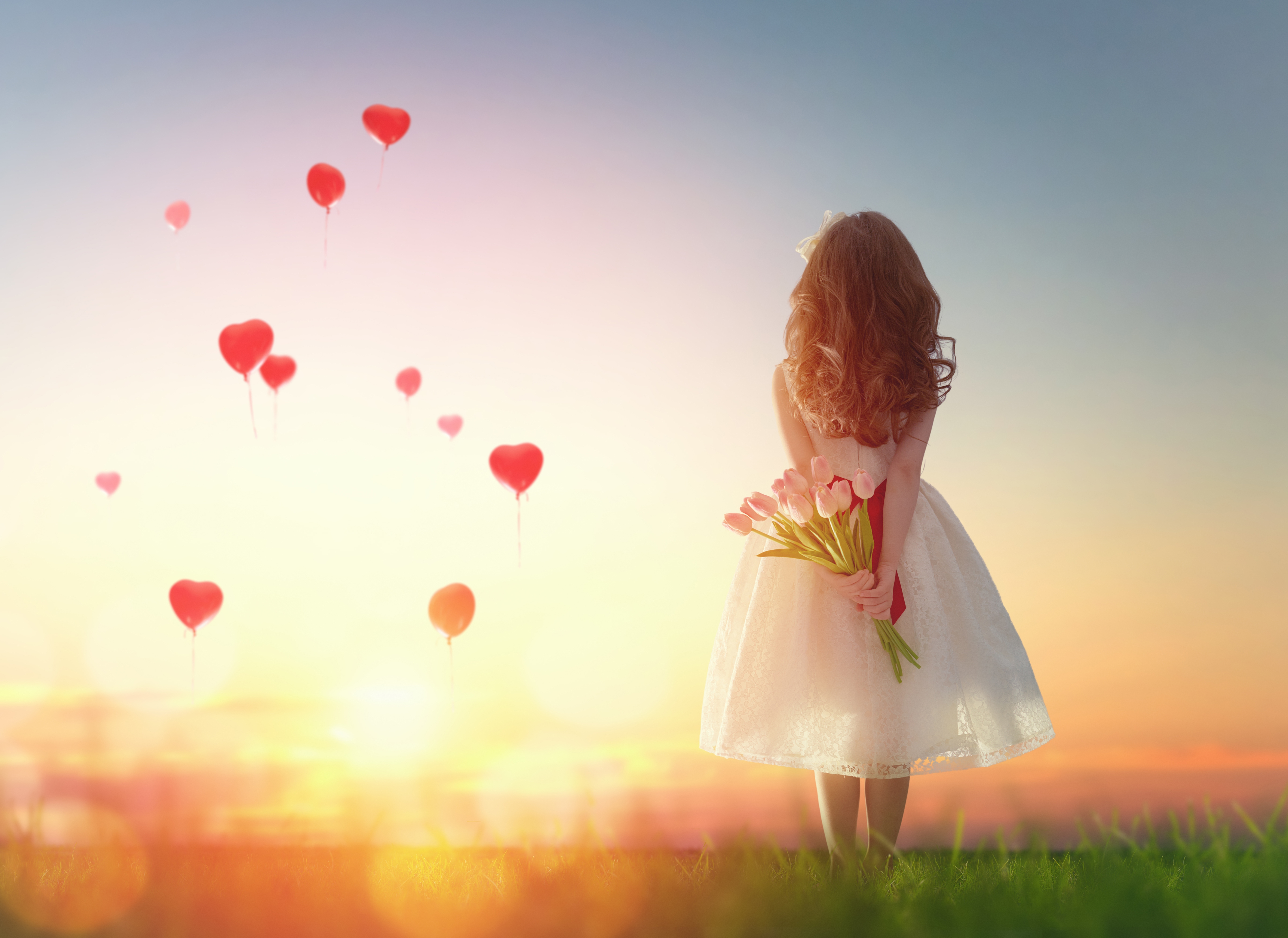 photography, child, balloon, heart shaped, little girl, sunset, tulip, white dress