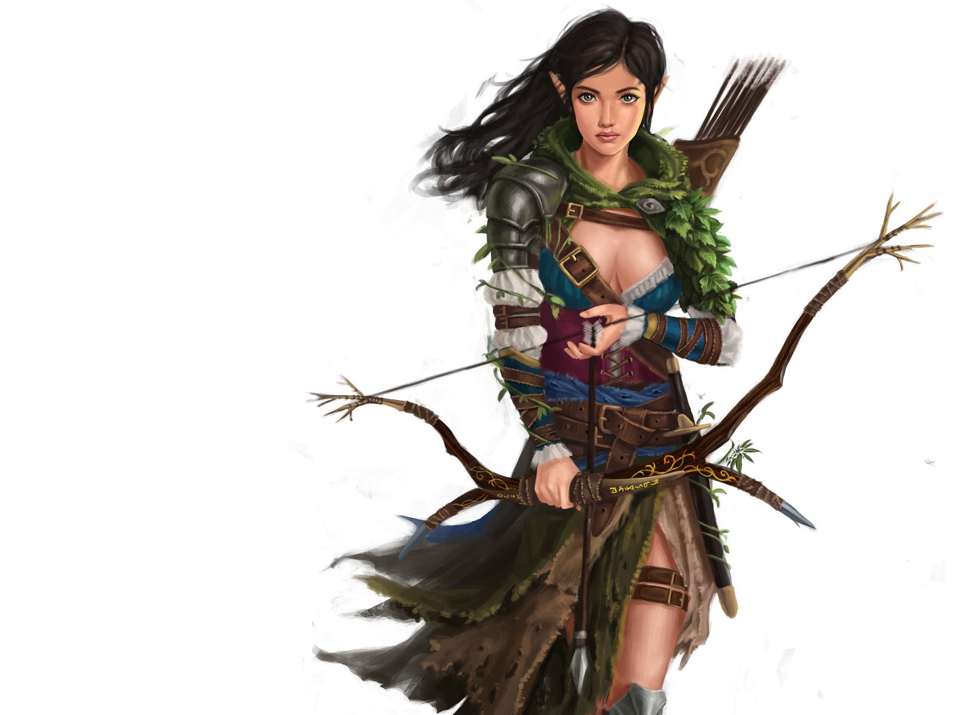 Download mobile wallpaper Fantasy, Bow, Elf, Green Eyes, Archer, Pointed Ears, Brown Hair, Woman Warrior for free.